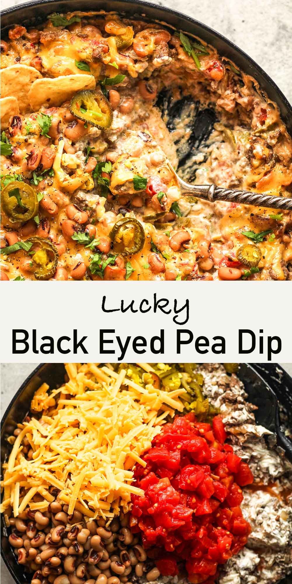 Two photos of lucky black eyed pea dip in a skillet.