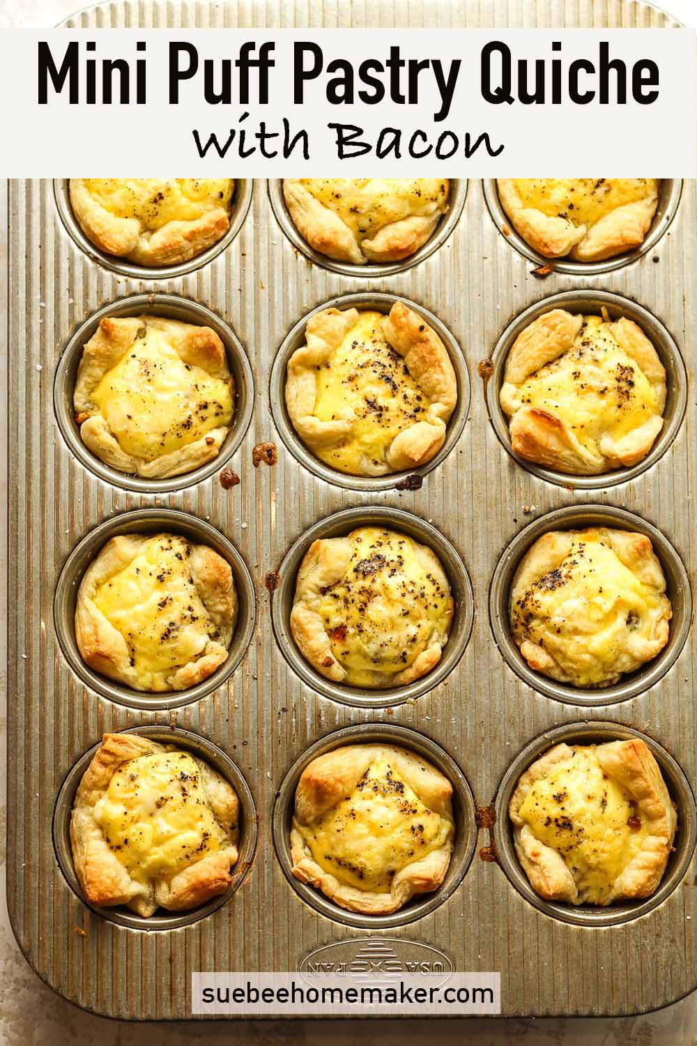 A muffin pan with mini puff pastry quiche with bacon.