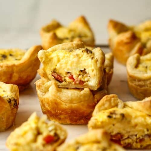 Side view of the inside of a mini quiche.