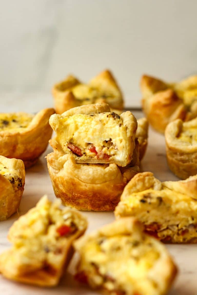 Side view of the inside of a mini quiche.