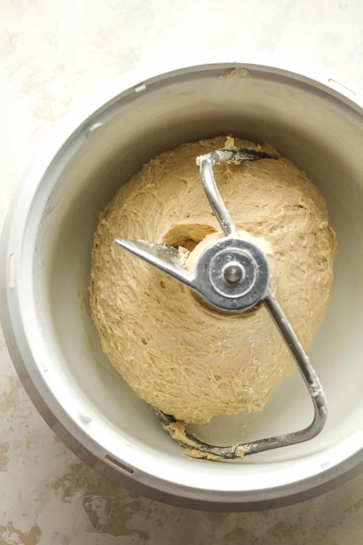 A mixer of the dinner roll dough.