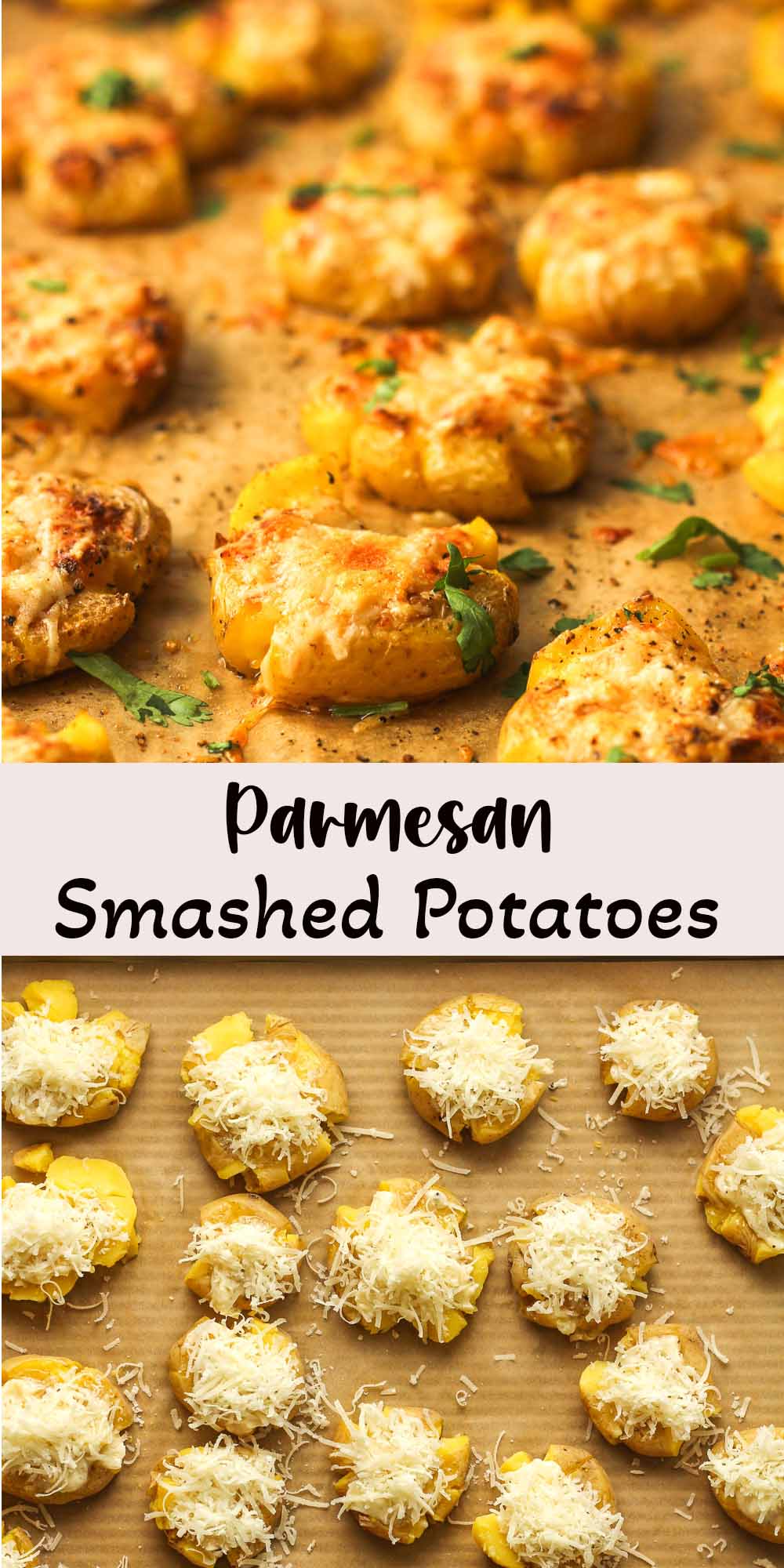 Two photos - Side view of a tray of parmesan smashed potatoes and a tray of potatoes before baking.