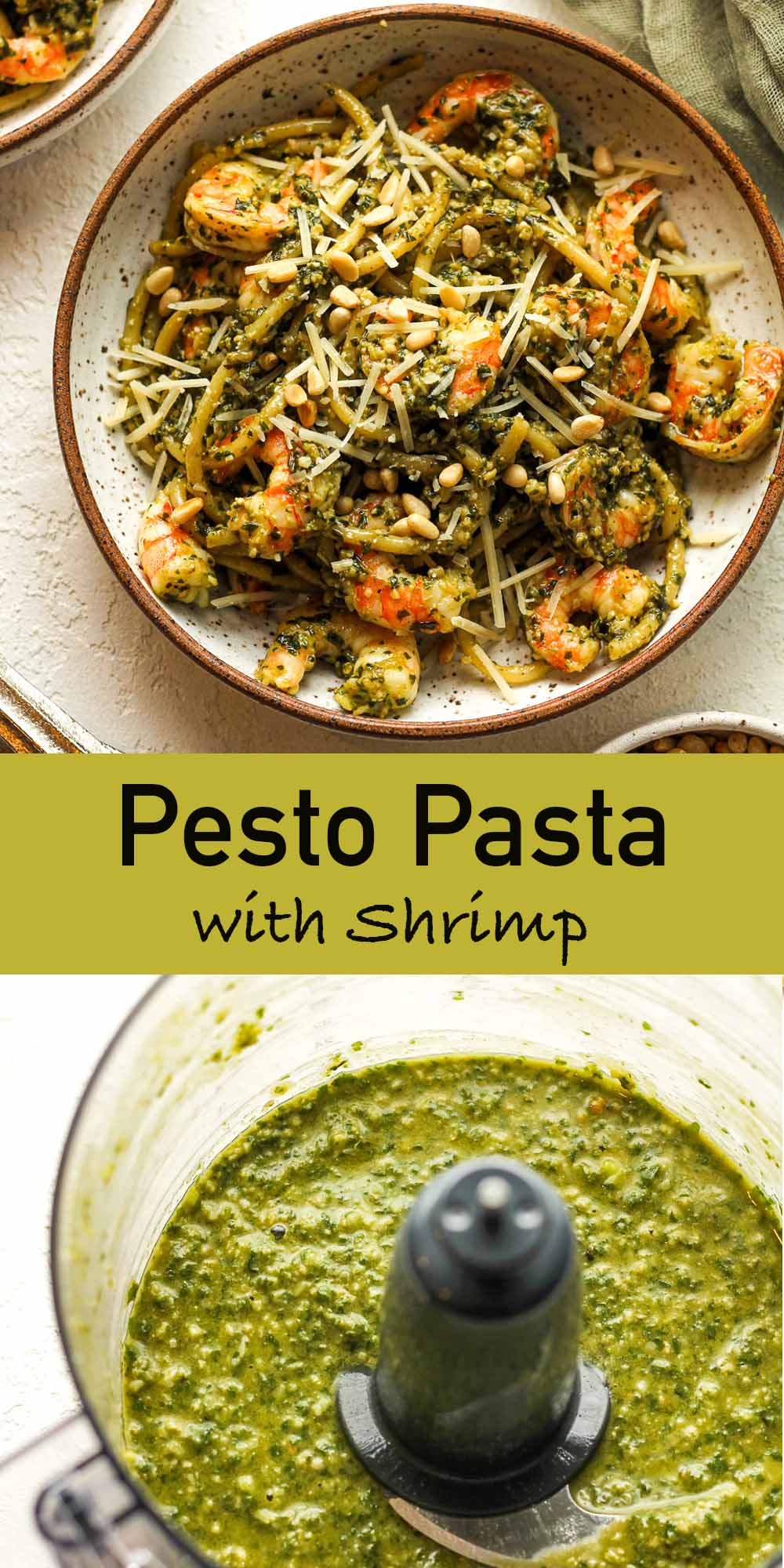 Two photos of pesto pasta with shrimp.