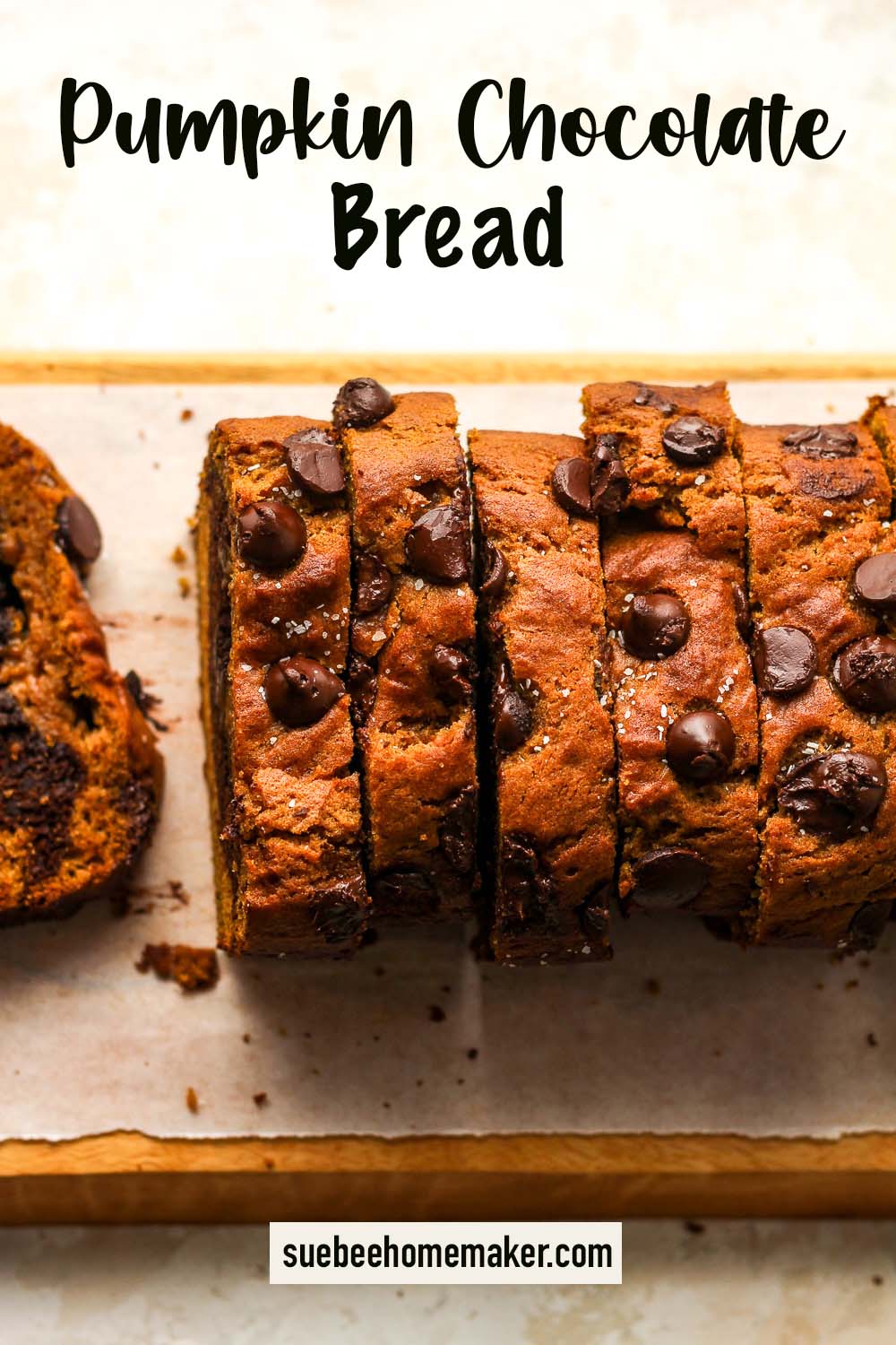 Overhead view of sliced pumpkin chocolate bread.