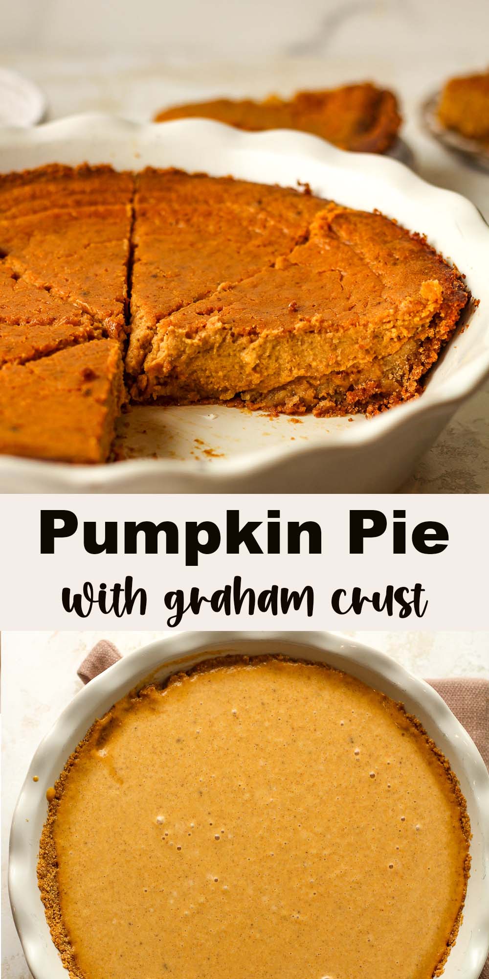 Two photos of pumpkin pie with graham crust.