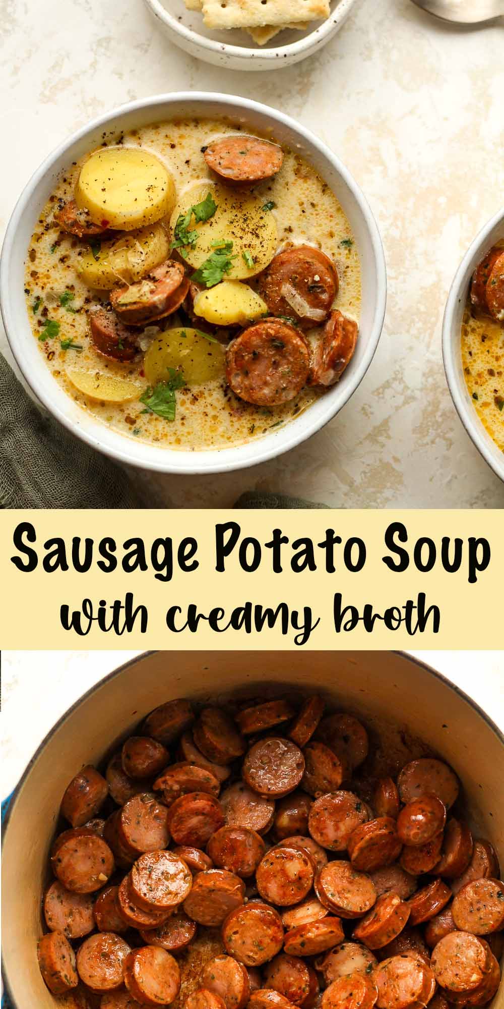 Two photos - one of a bowl of sausage potato soup and one of the browned sausage.