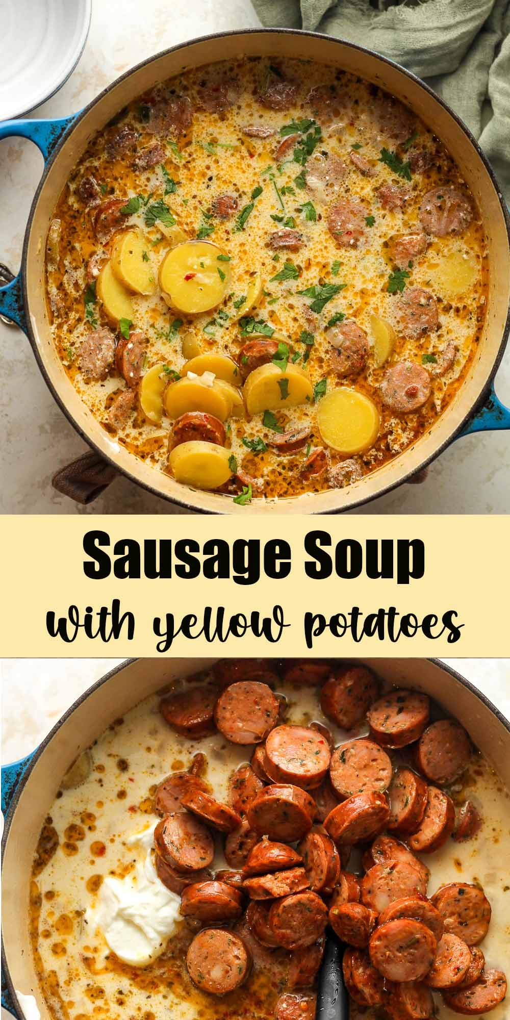 Two photos - one of the pot of finished soup and one of the soup after adding the sausage back in.