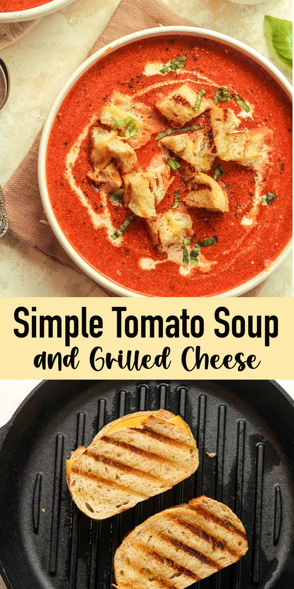 Two photos - one of the finished soup and one of the grilled cheese in a skillet.