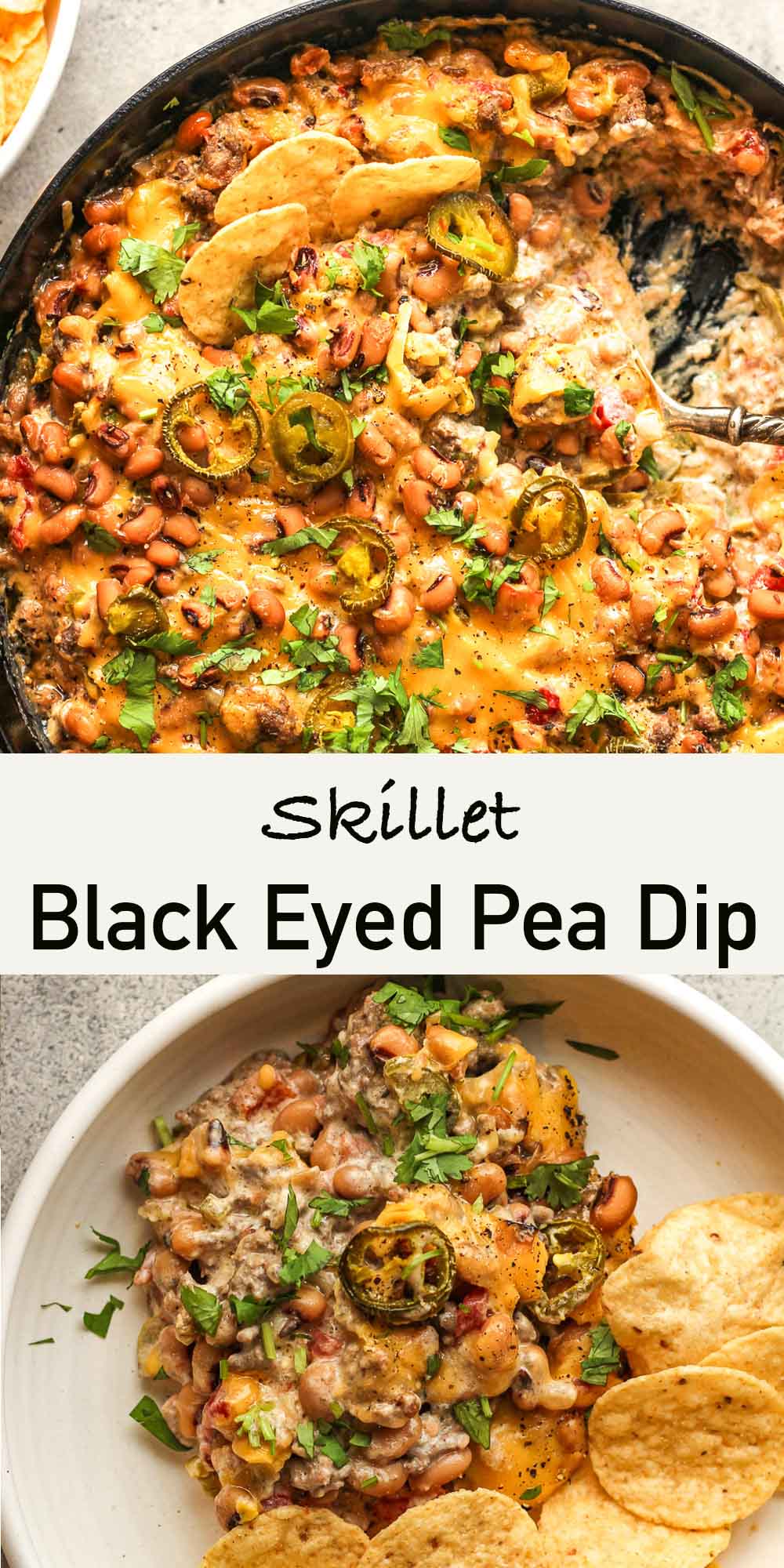 Two bowls of skillet black eyed pea dip.