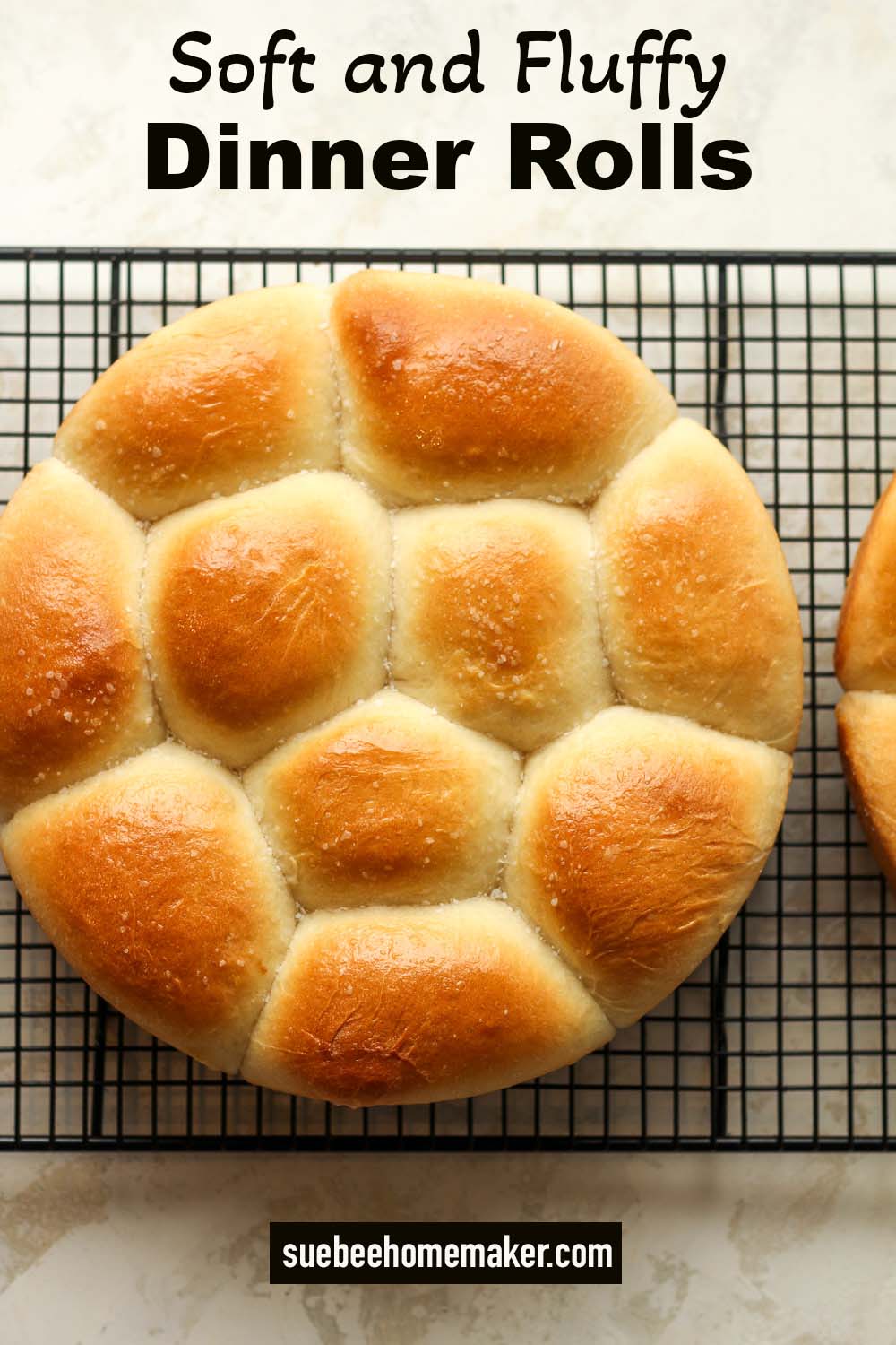 Overhead shot of a round loaf of soft and fluffy dinner rolls.