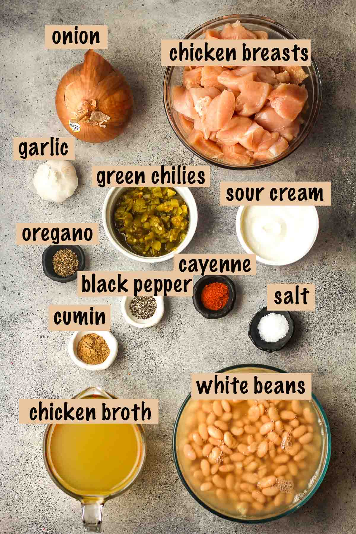 The labeled ingredients for white chicken chili.