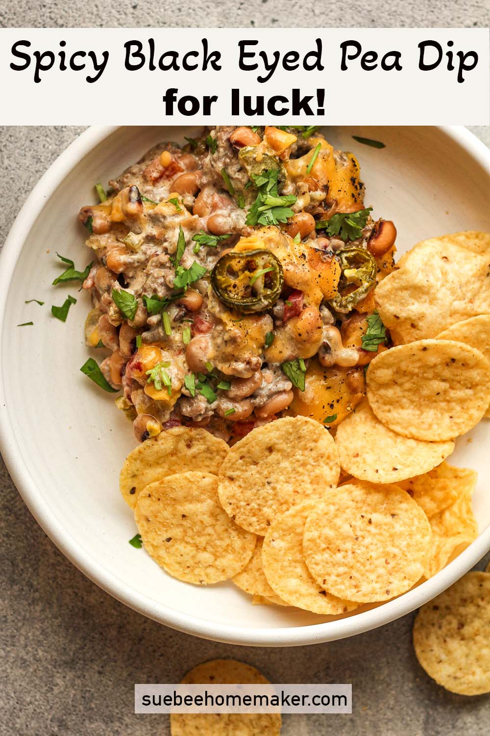 A bowl of spicy black eyed pea dip for luck.