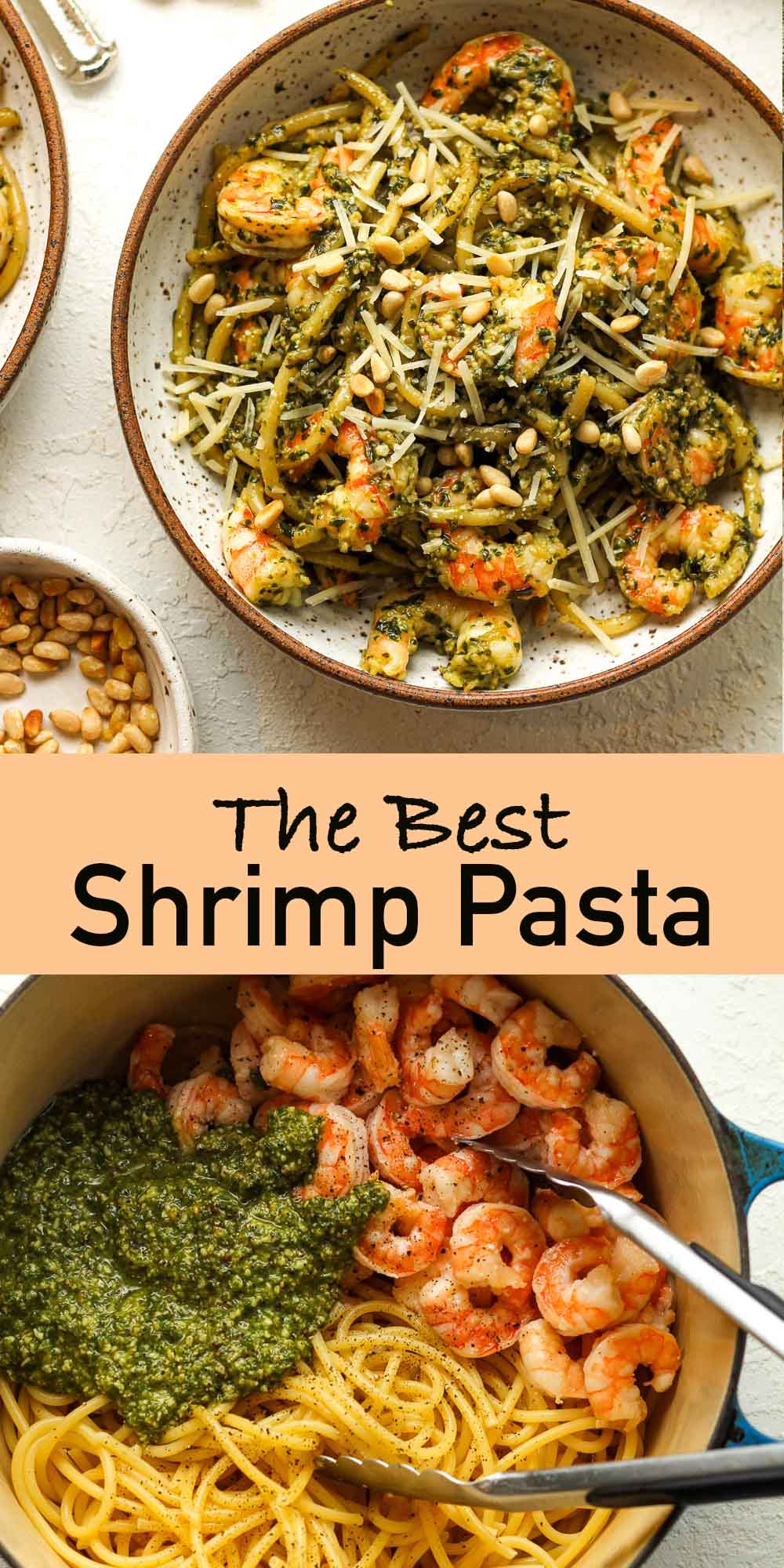 Two photos of the best shrimp pasta.