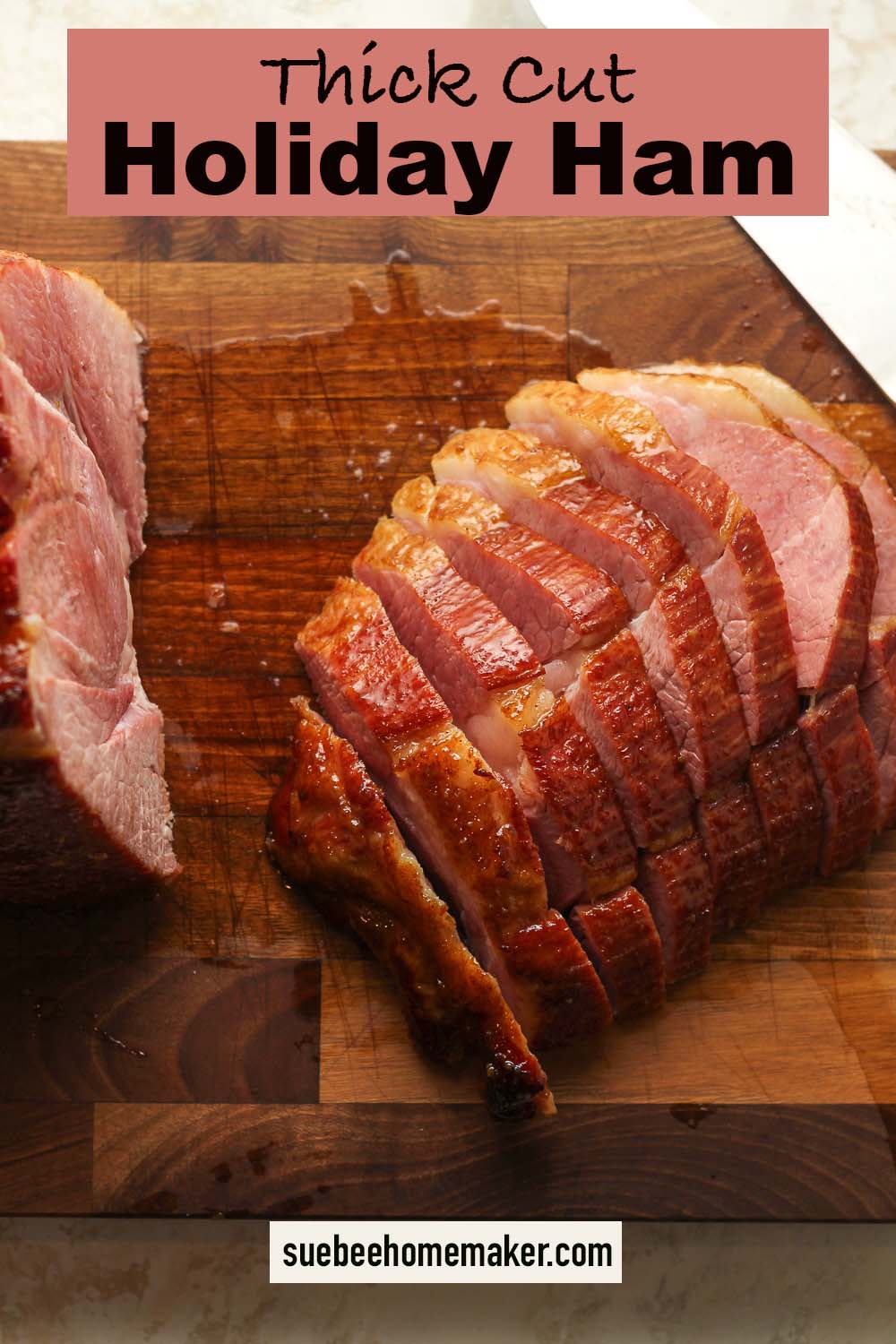 Thick cut slices of holiday ham.