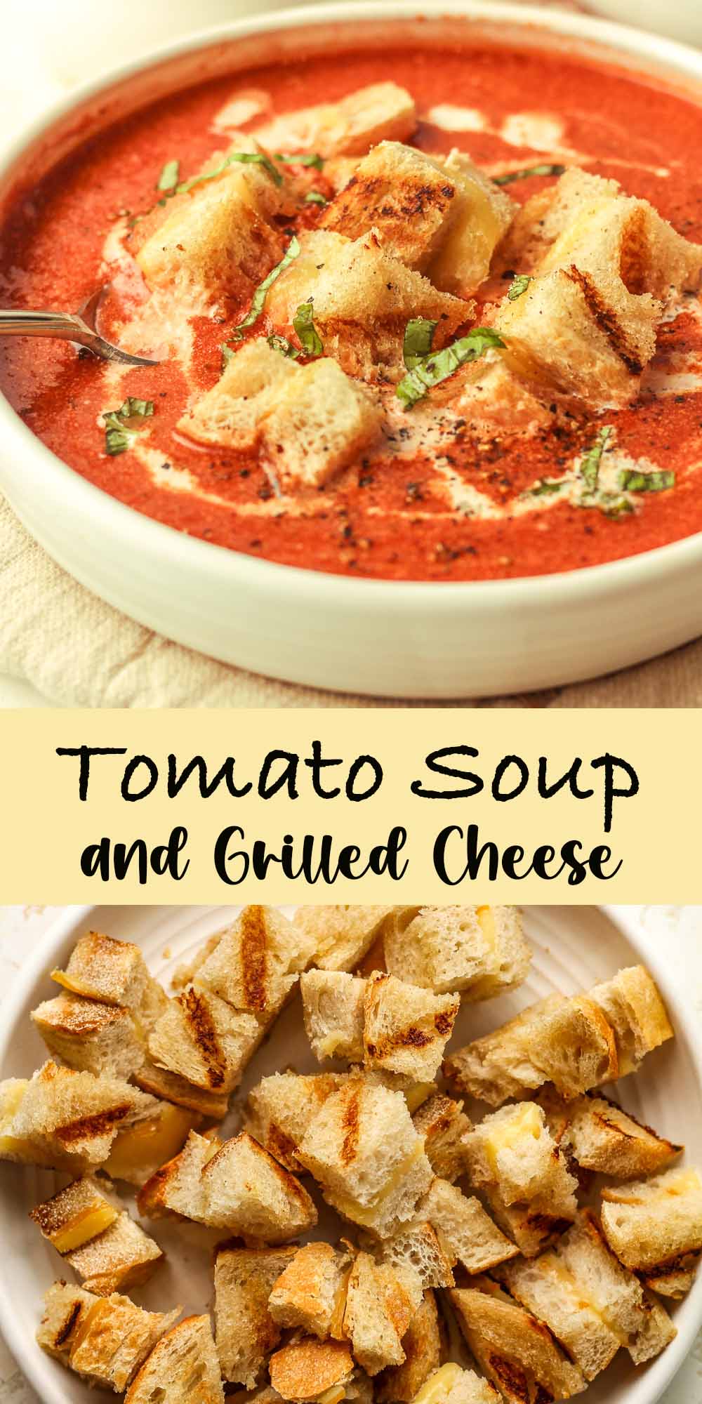 Two photos of Tomato Soup and Grilled Cheese - one of the croutons.