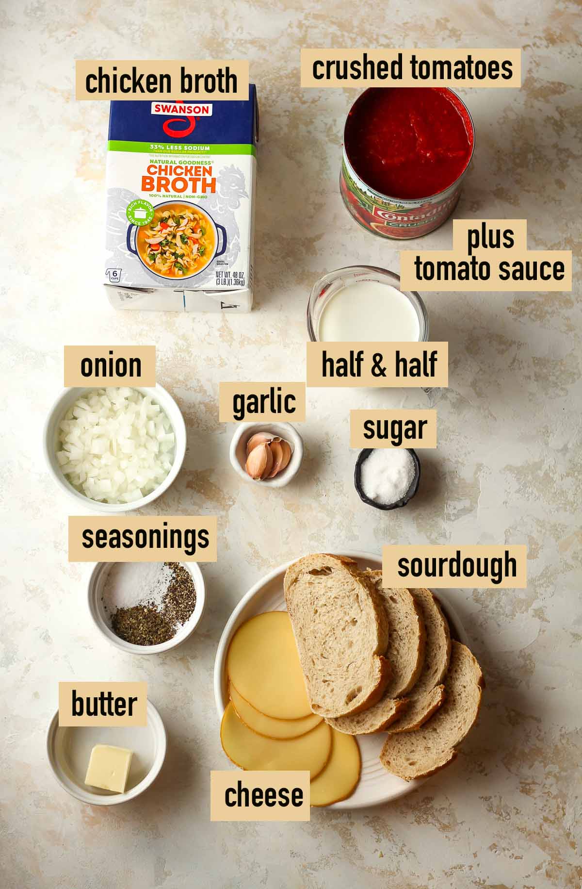 Labeled ingredients for tomato soup with grilled cheese croutons.