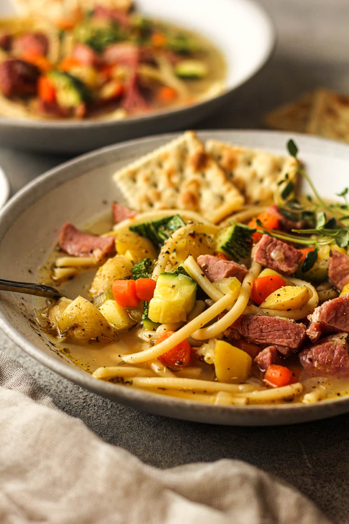 Side view of two bowls of vegetable soup with ham.