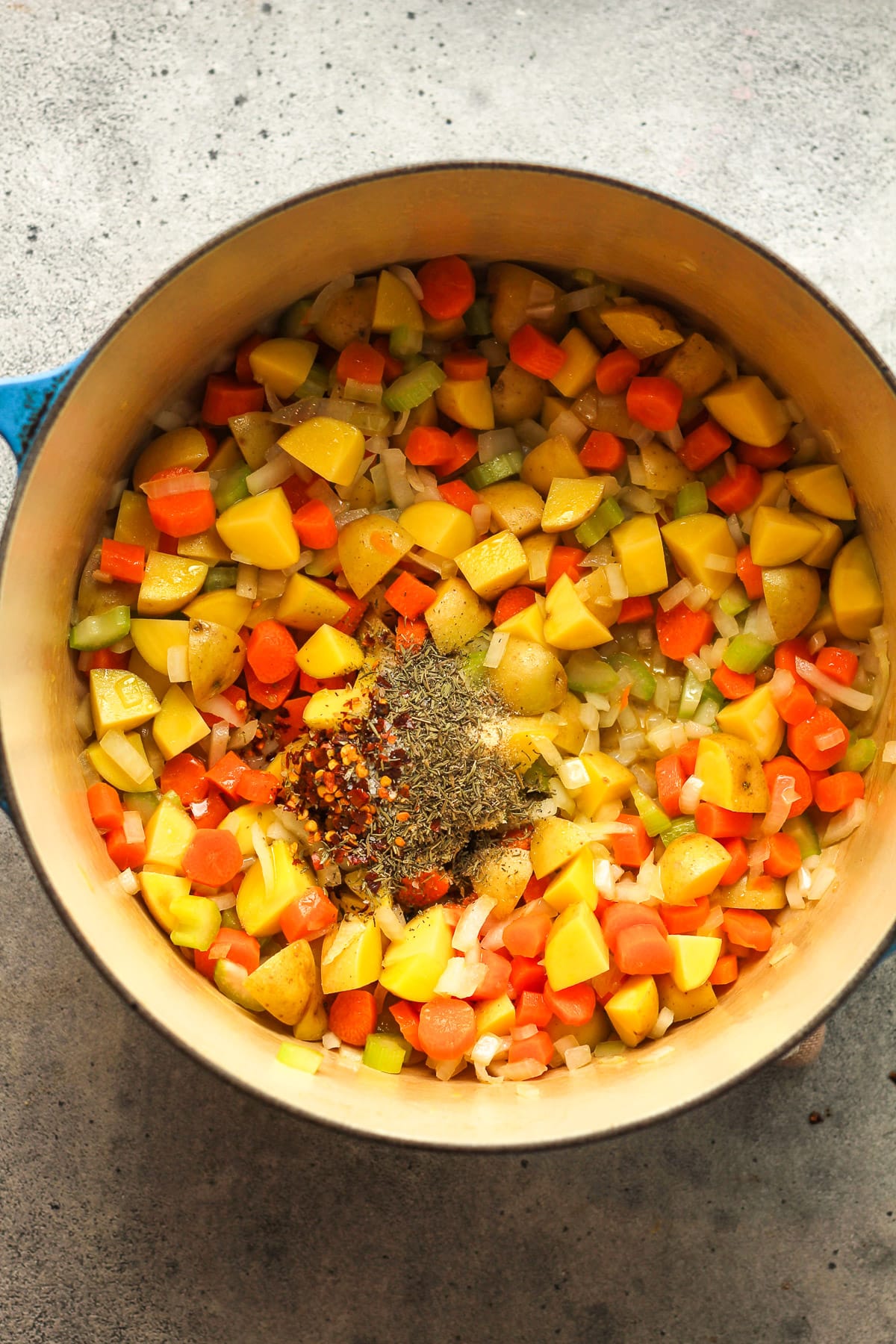 A pot of the sautéed veggies plus seasonings.