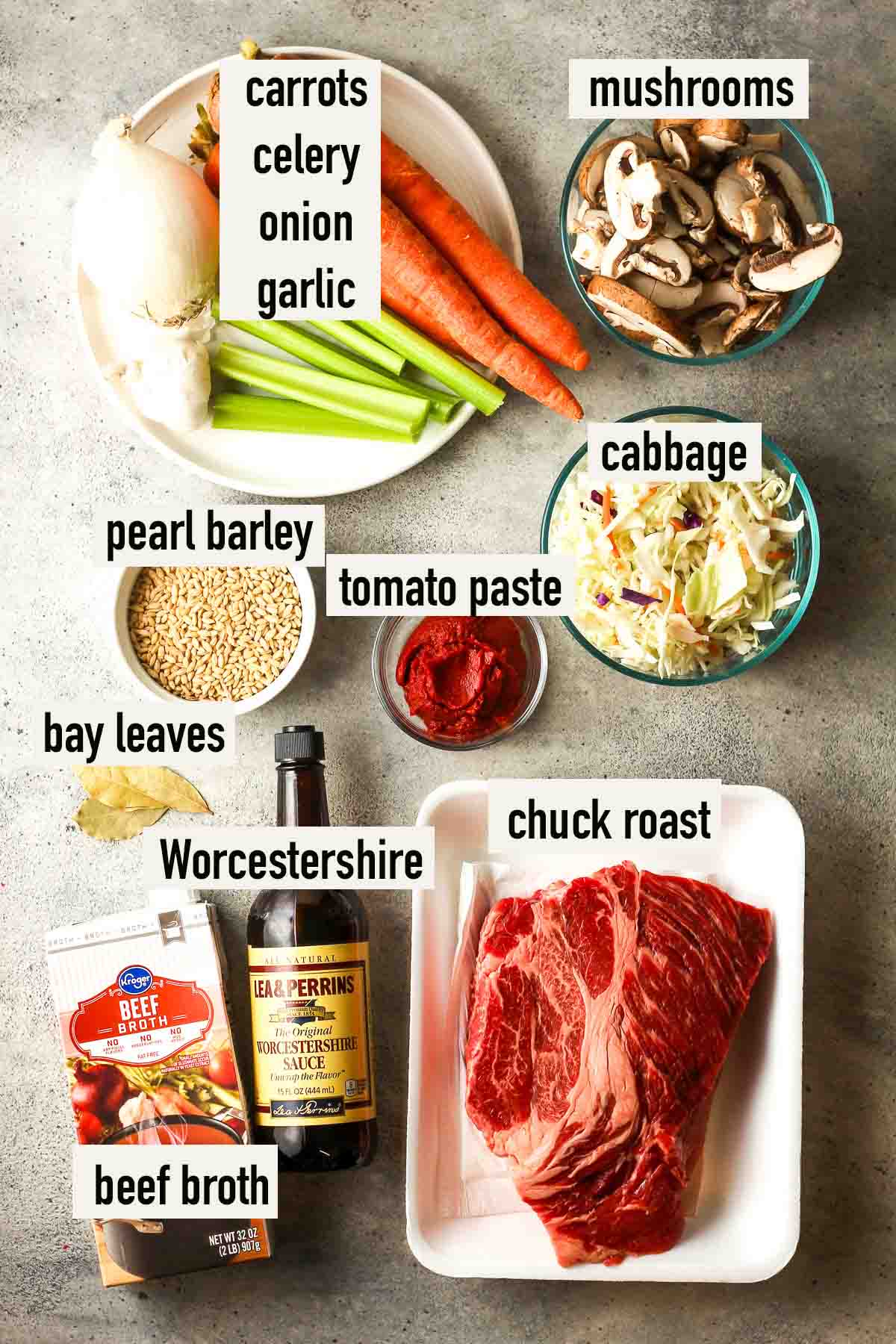 The labeled ingredients for beef barley soup.