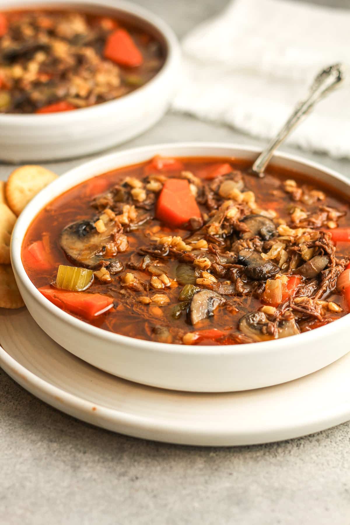 Side view of two bowls of beef barley soup.