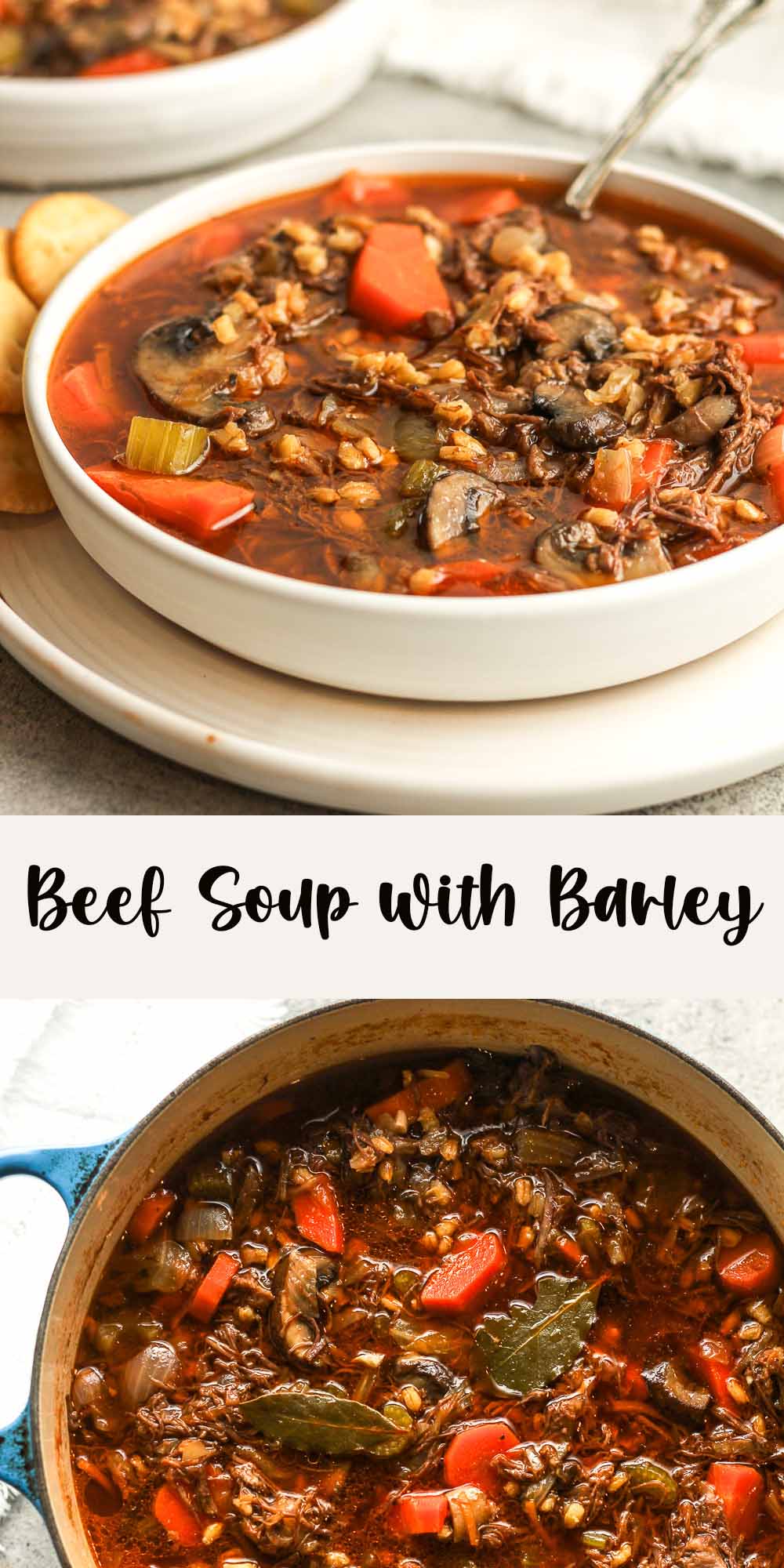 Two photos - side view of a bowl of beef barley soup and a pot of the finished soup.