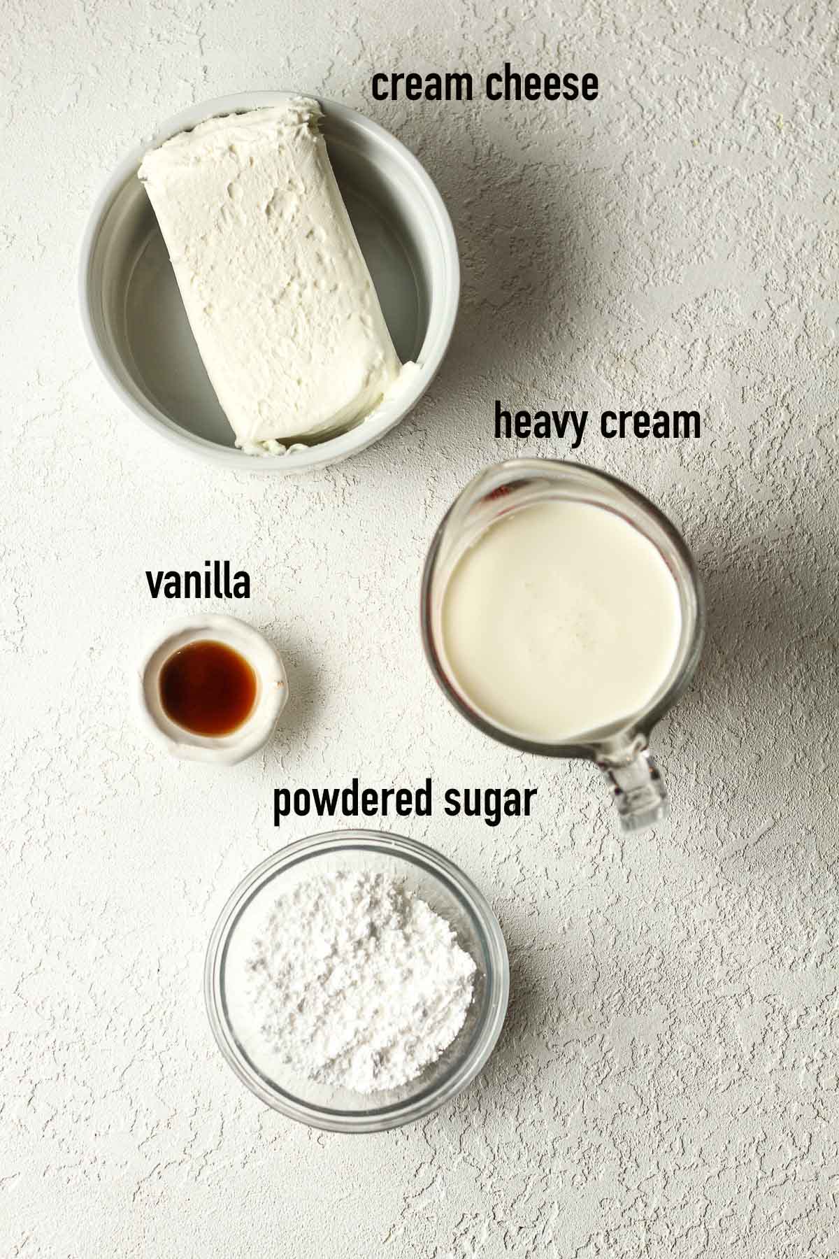 Labeled ingredients for the cream cheese filling for crepes.