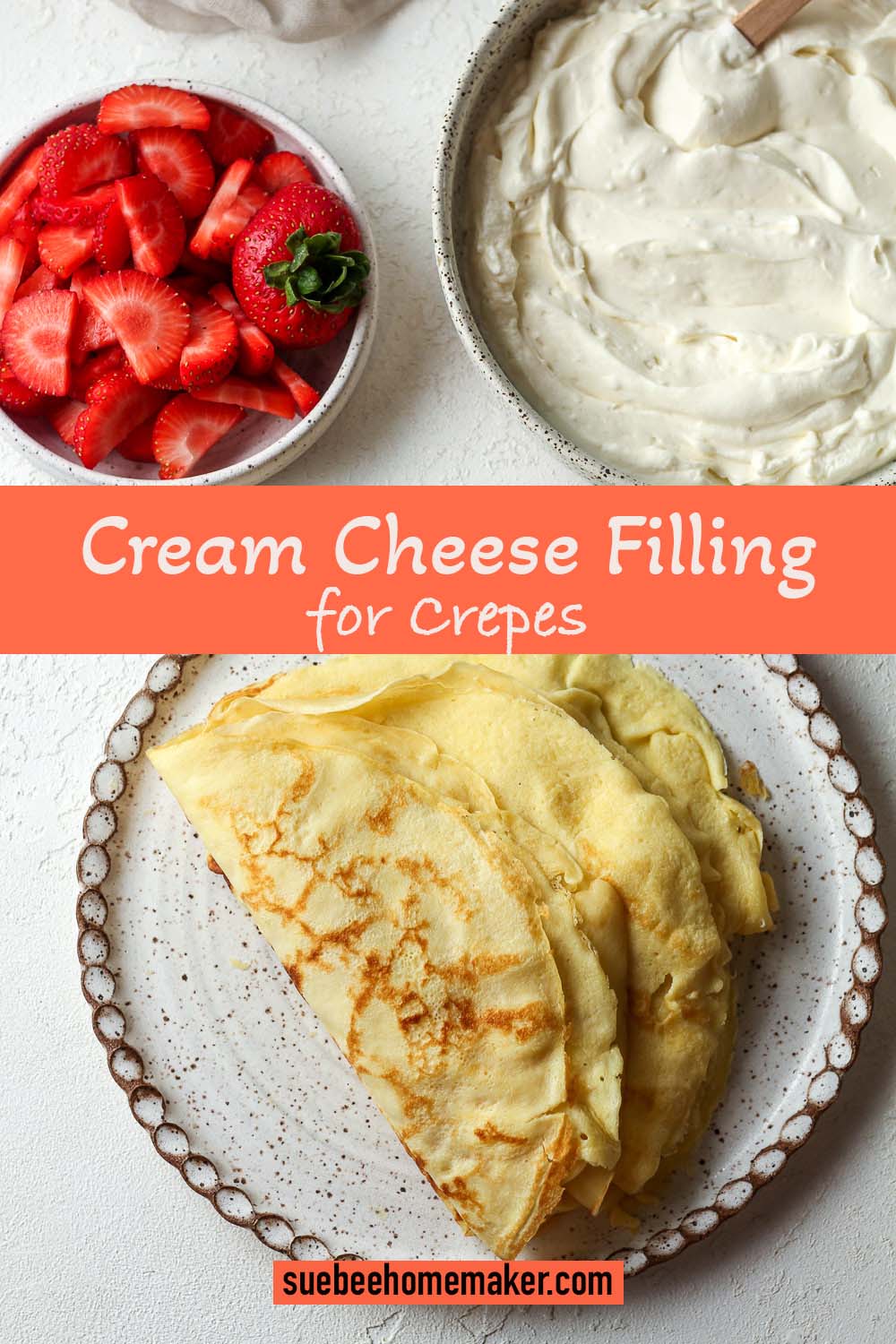 An overhead view of a plate of folded over crepes, a bowl of cream cheese filling and a small bowl of sliced strawberries.