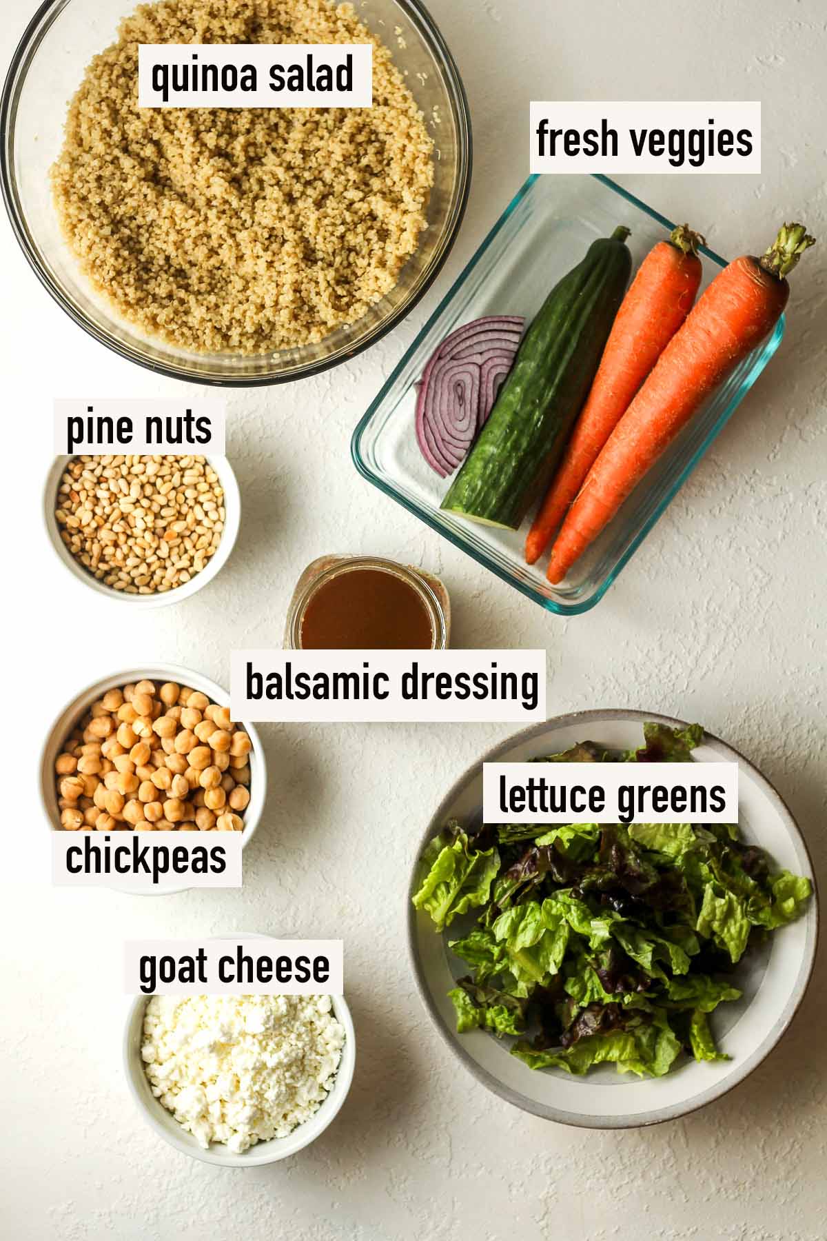 Labeled ingredients for goat cheese quinoa salad.