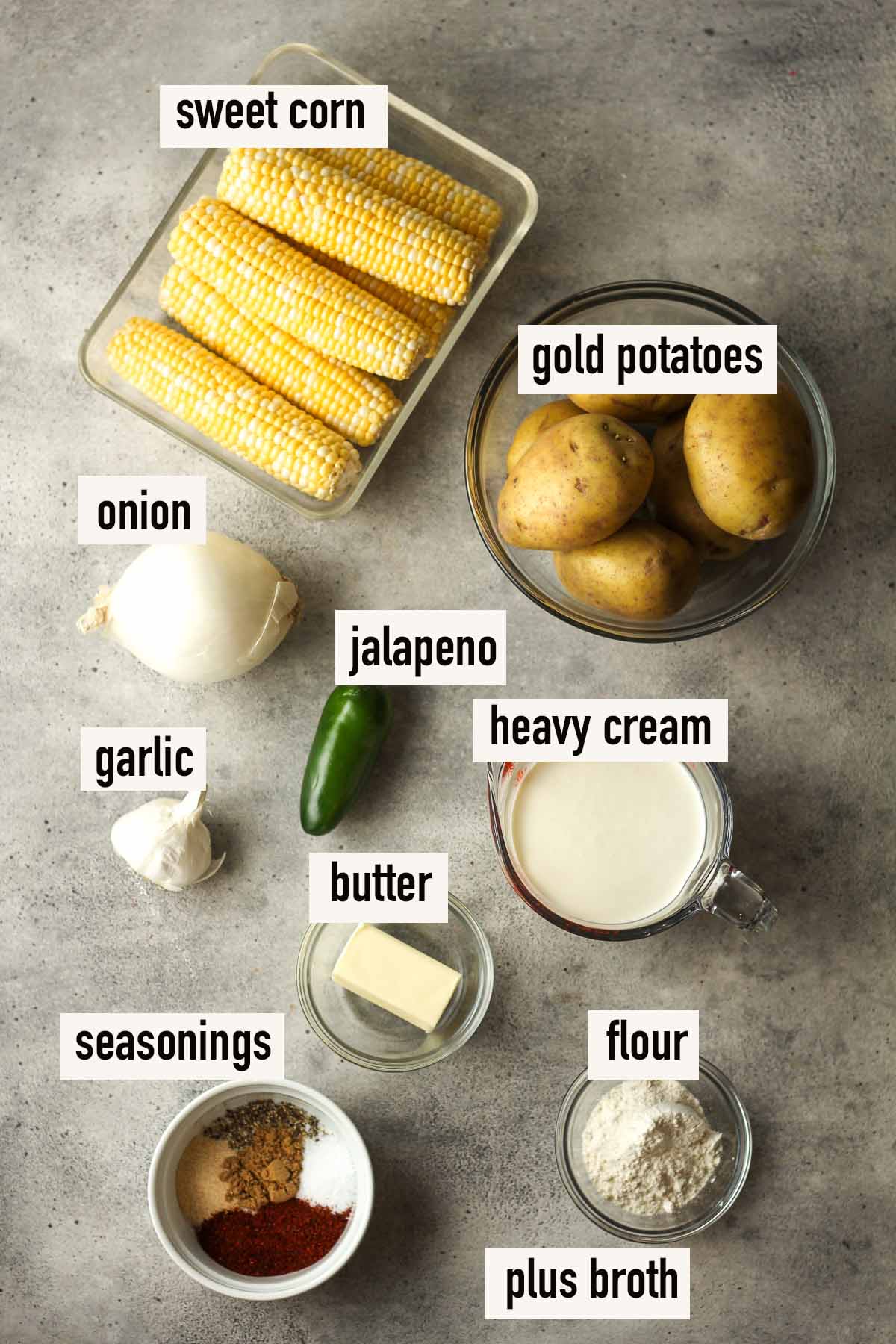 The labeled ingredients for Mexican Street Corn chowder.