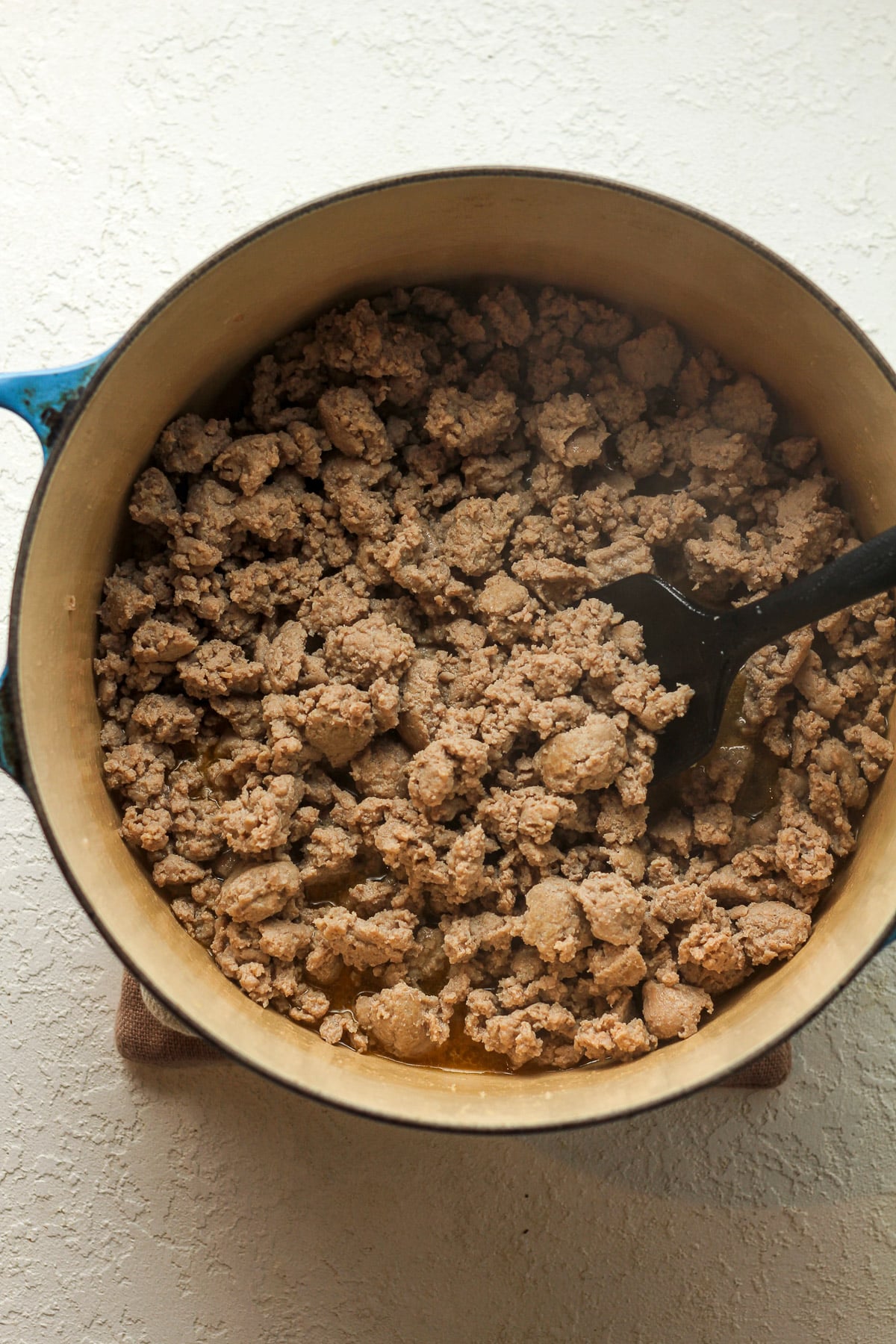 A pot of the browned turkey sausage.