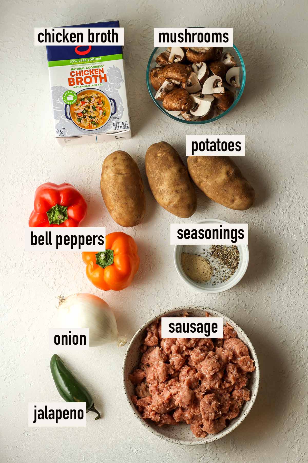 The labeled ingredients for sausage vegetable soup.