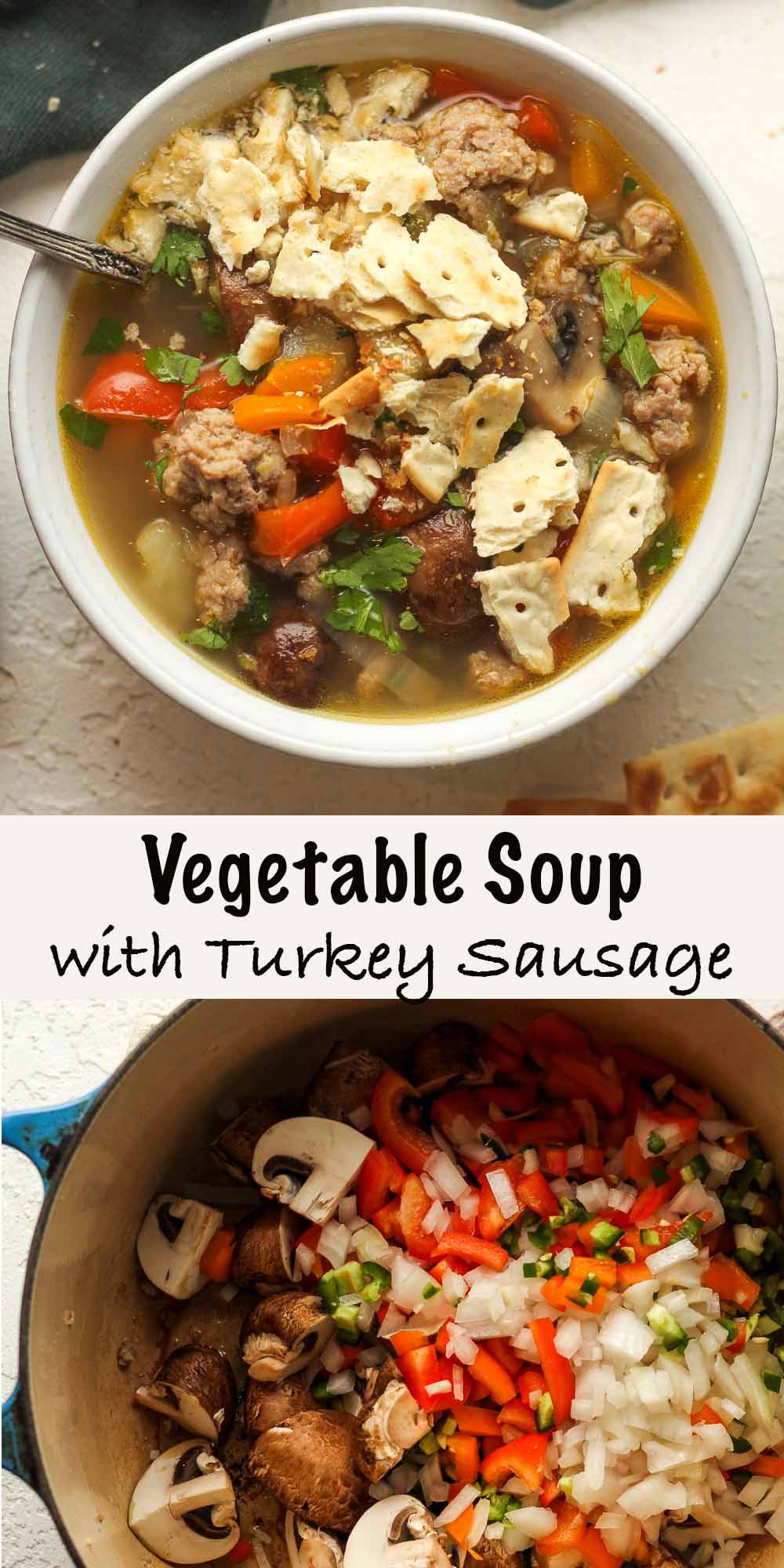 Two photos - a bowl of soup with crackers and a pot of the veggies.