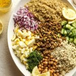 Overhead view of a high protein quinoa salad with lemon and olive oil dressing.