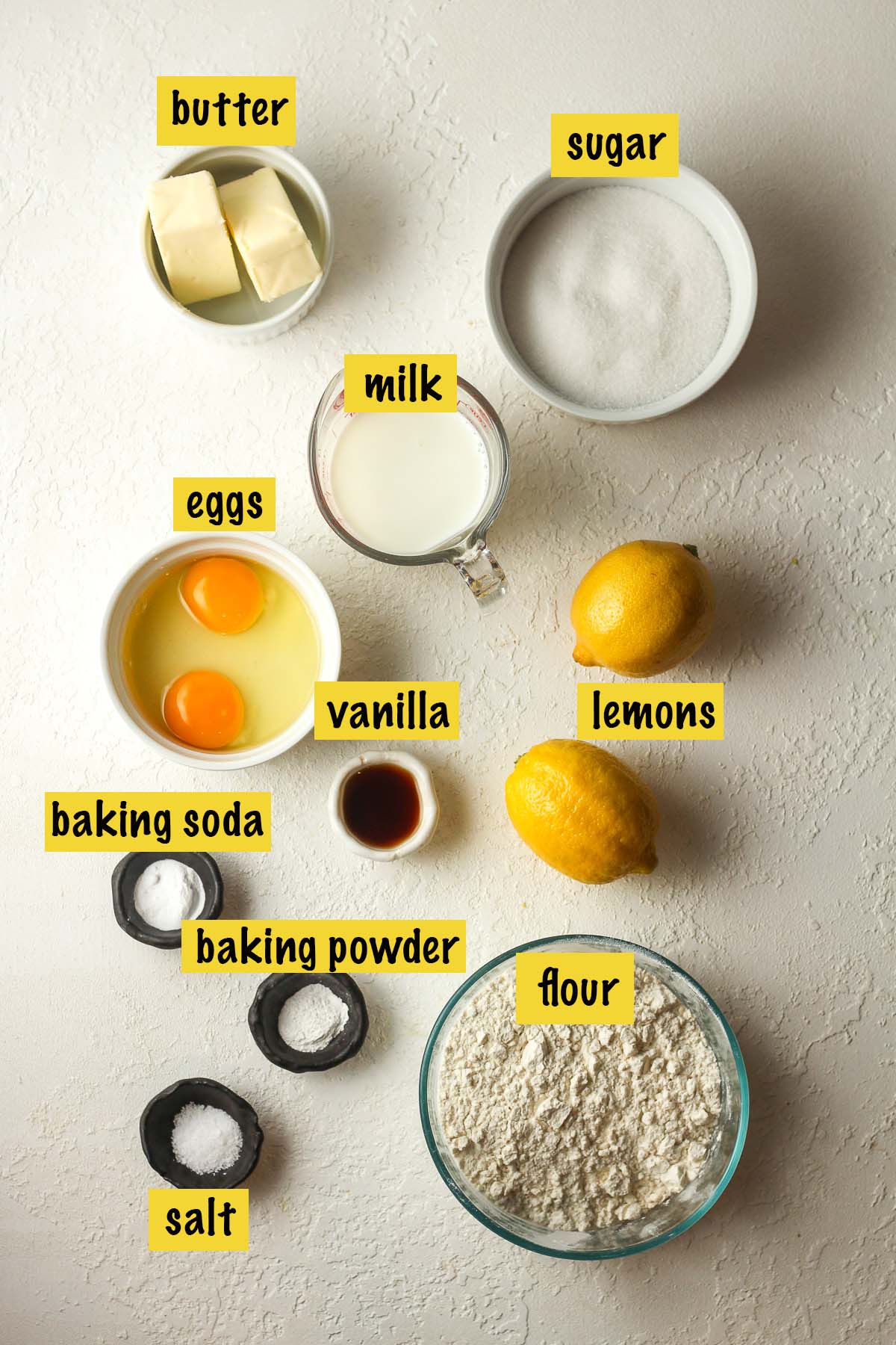 The lemon cake ingredients, labeled.