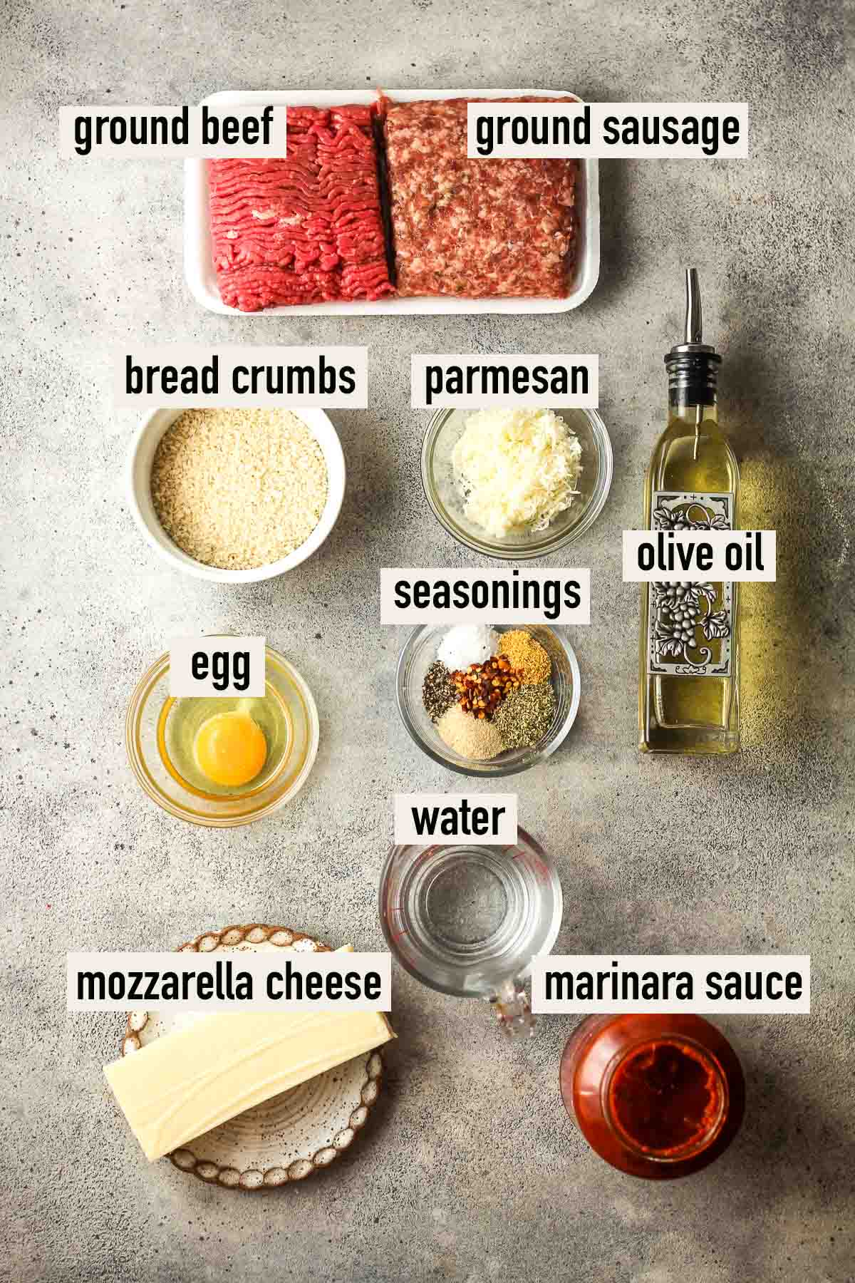 The labeled ingredients for mozzarella stuffed meatballs.