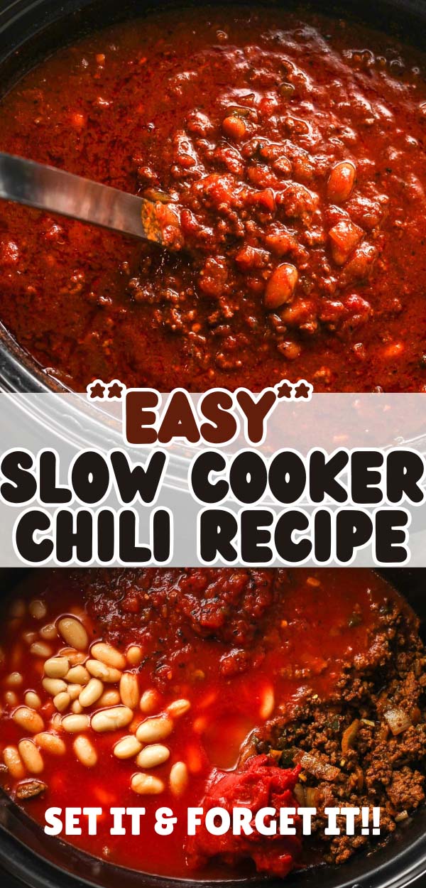 A collage of easy slow cooker chili photos in the crockpot.