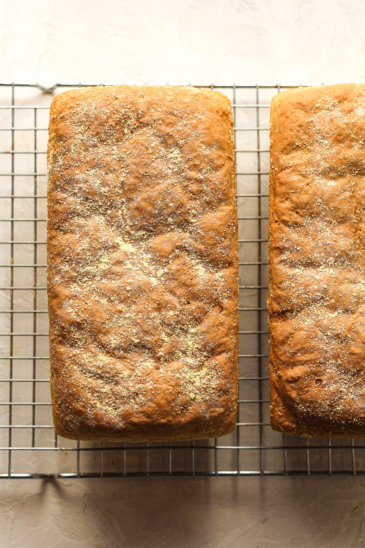 Two loaves of English muffin bread on a wire cooling rack.