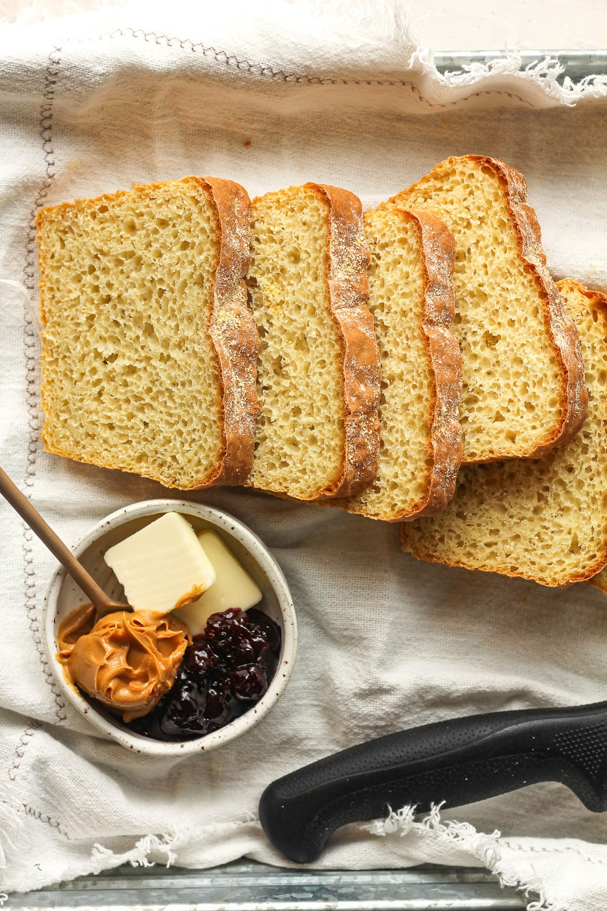 Overhead view of sliced English muffin bread.