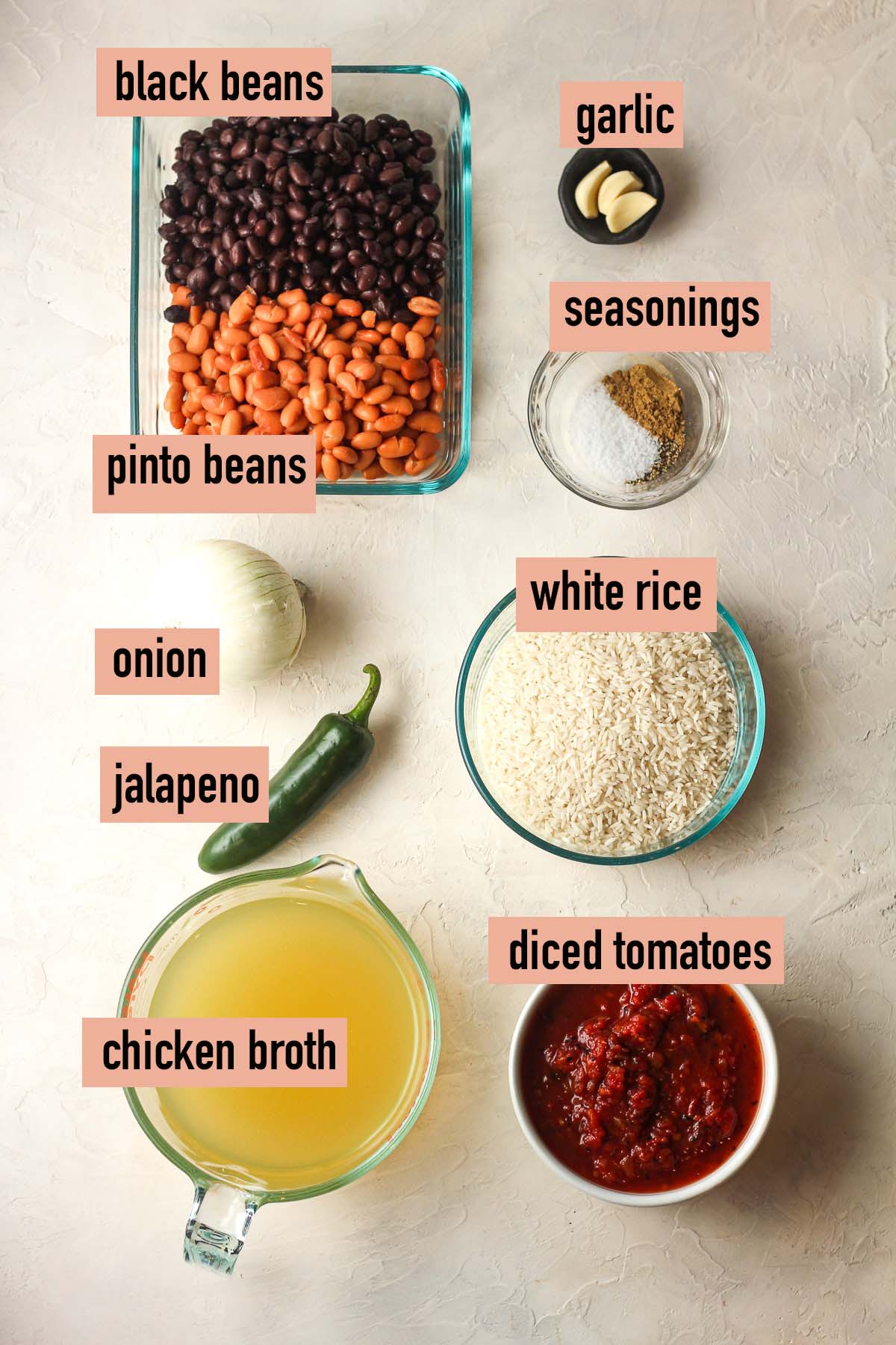 Labeled ingredients for the Mexican rice and beans.