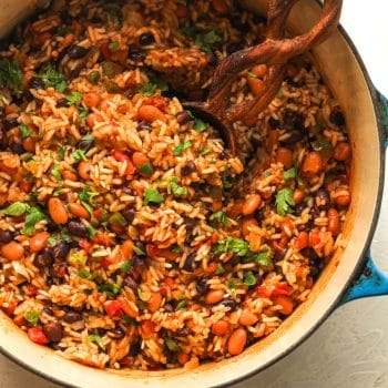 Closeup on a pot of Mexican rice and beans.