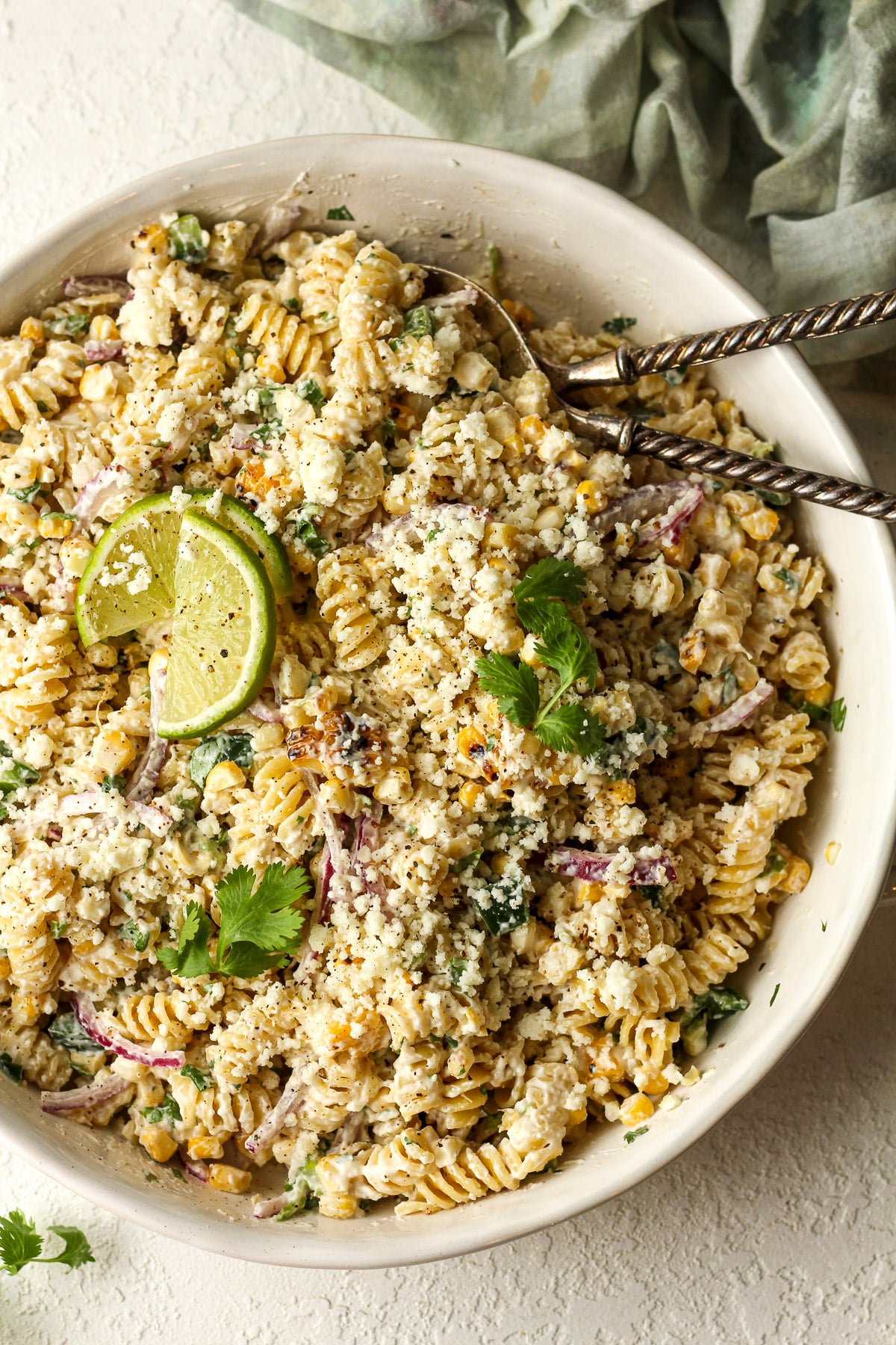 Overhead view of a bowl of Mexican street corn pasta salad.