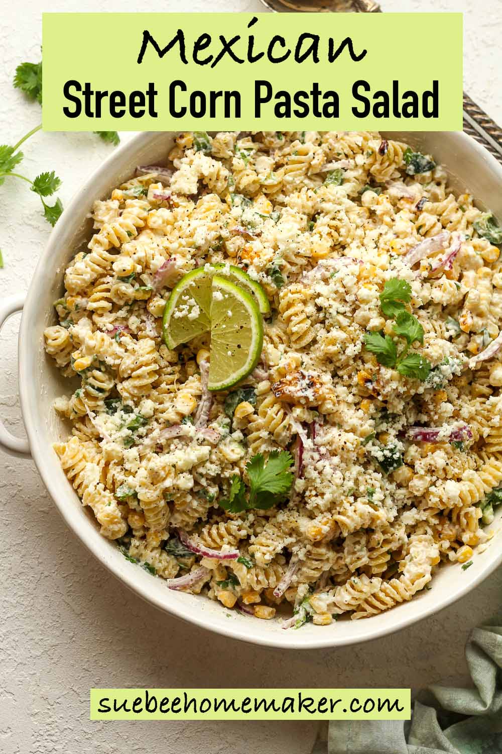 A bowl of Mexican street corn pasta salad.