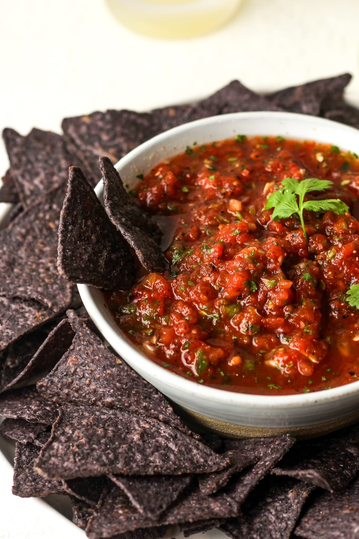 Closeup on a bowl of 5-minute salsa.