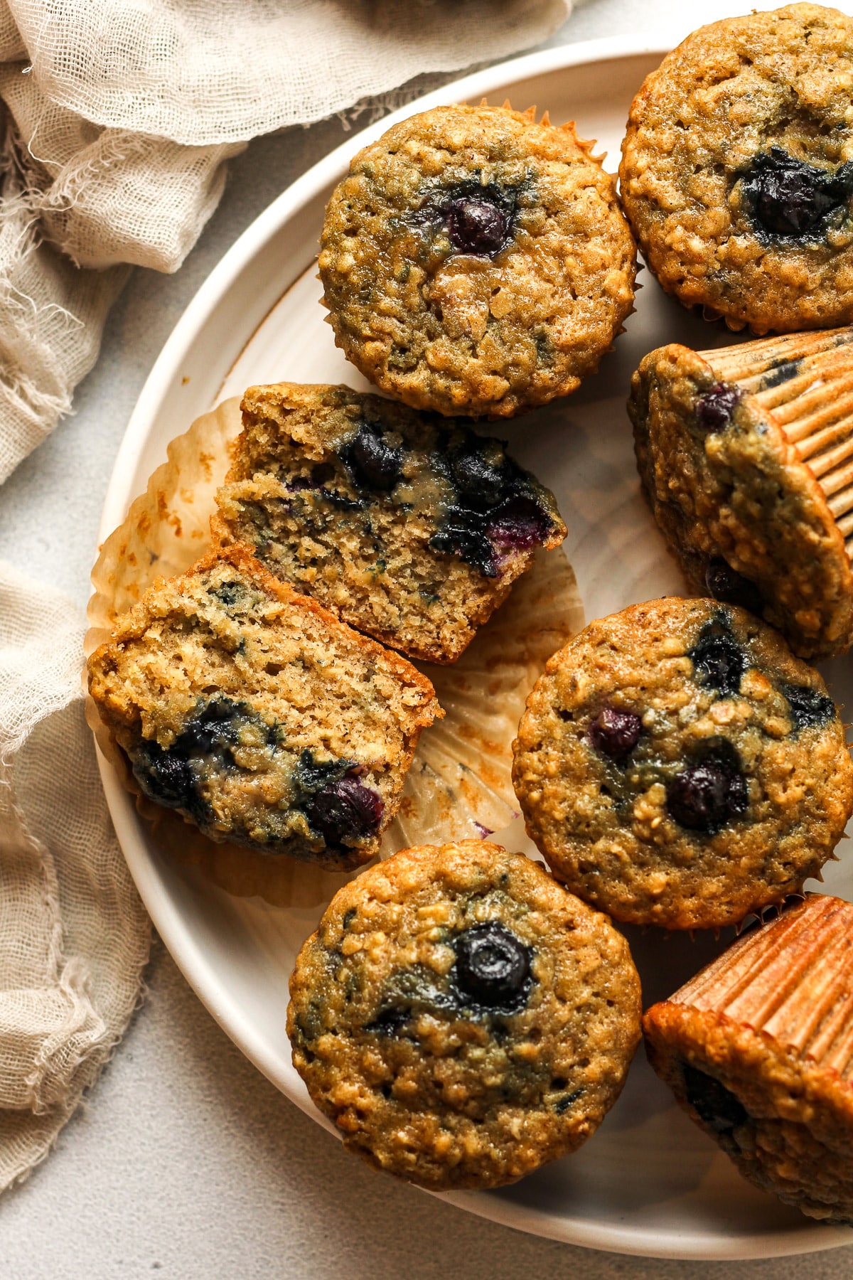 Overhead view of the muffins and one split in half.