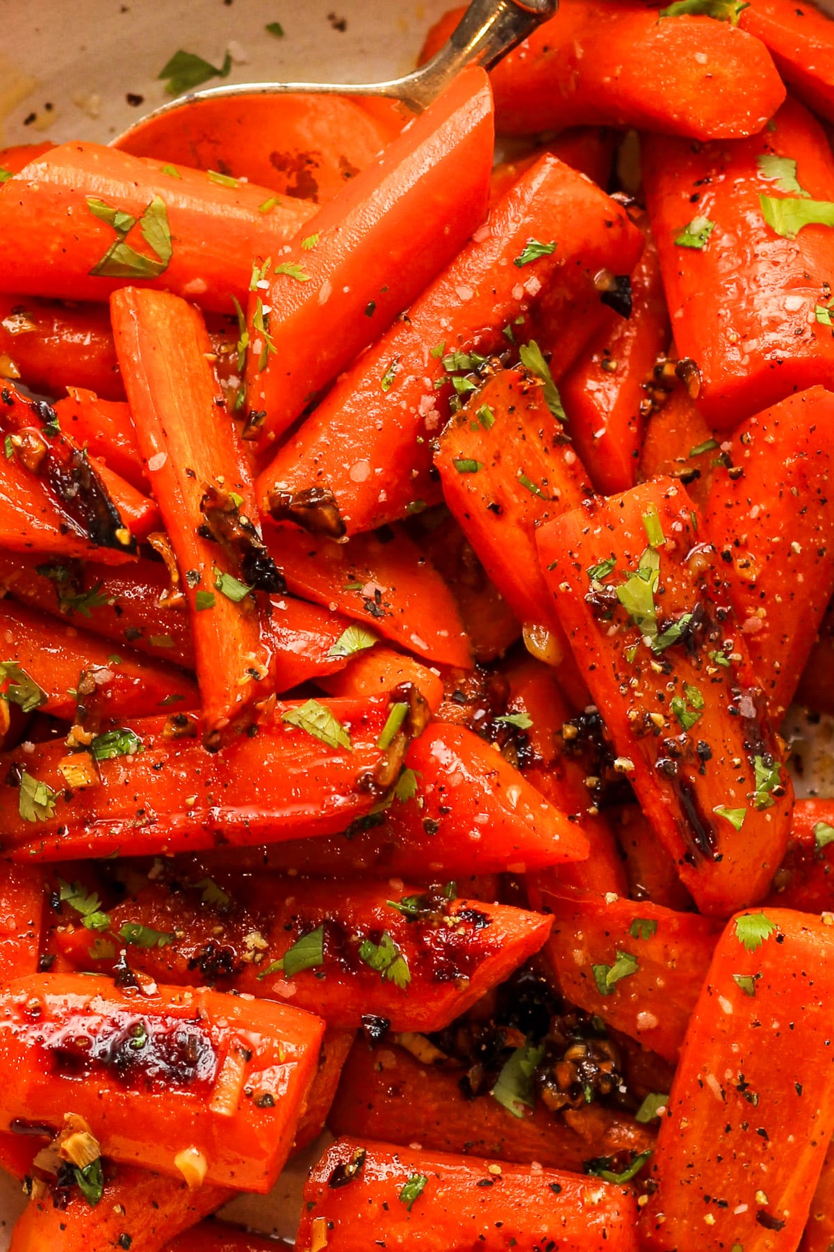 Closeup on some honey roasted carrots.