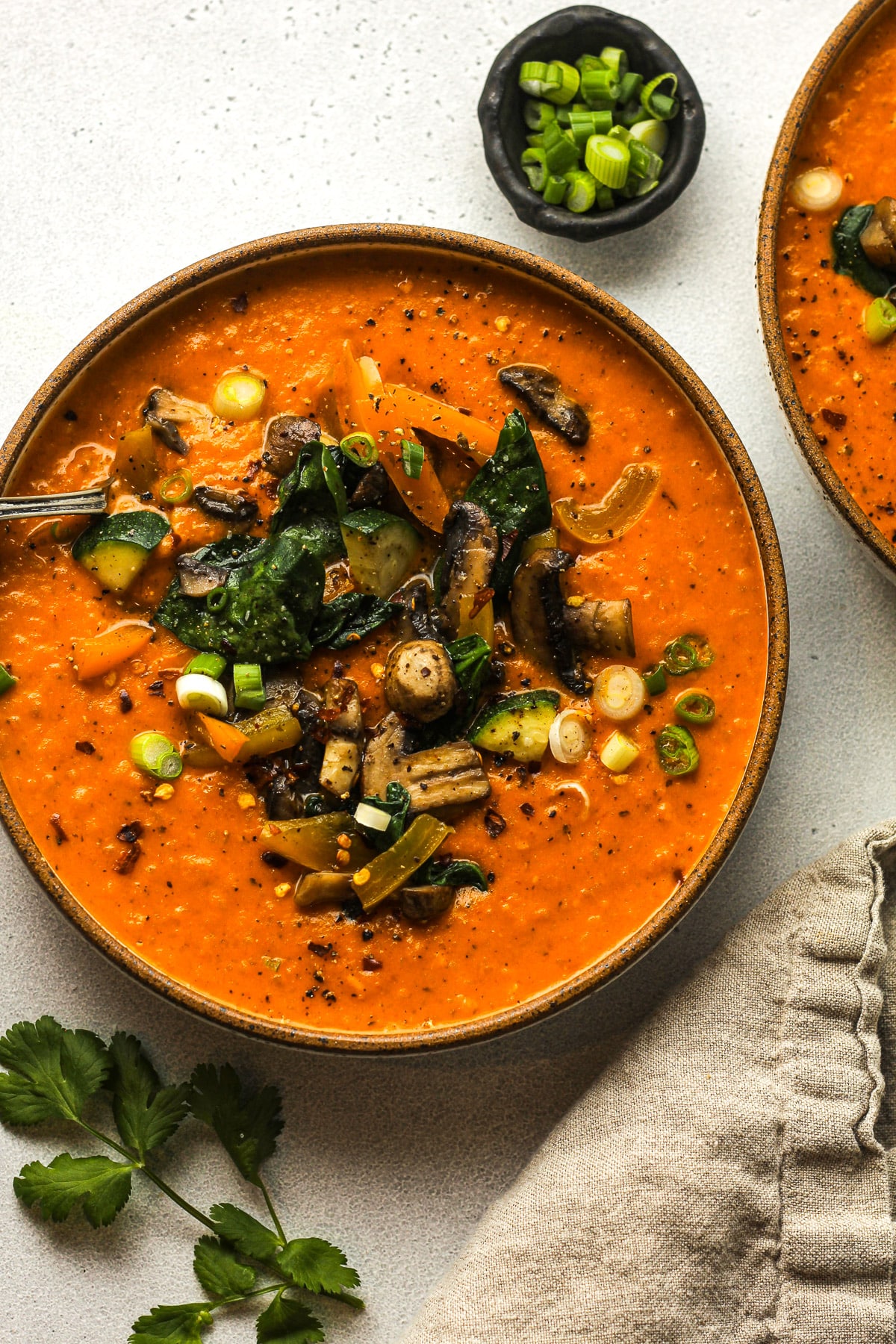 Overhead view of two bowls of coconut curry soup with sautéed