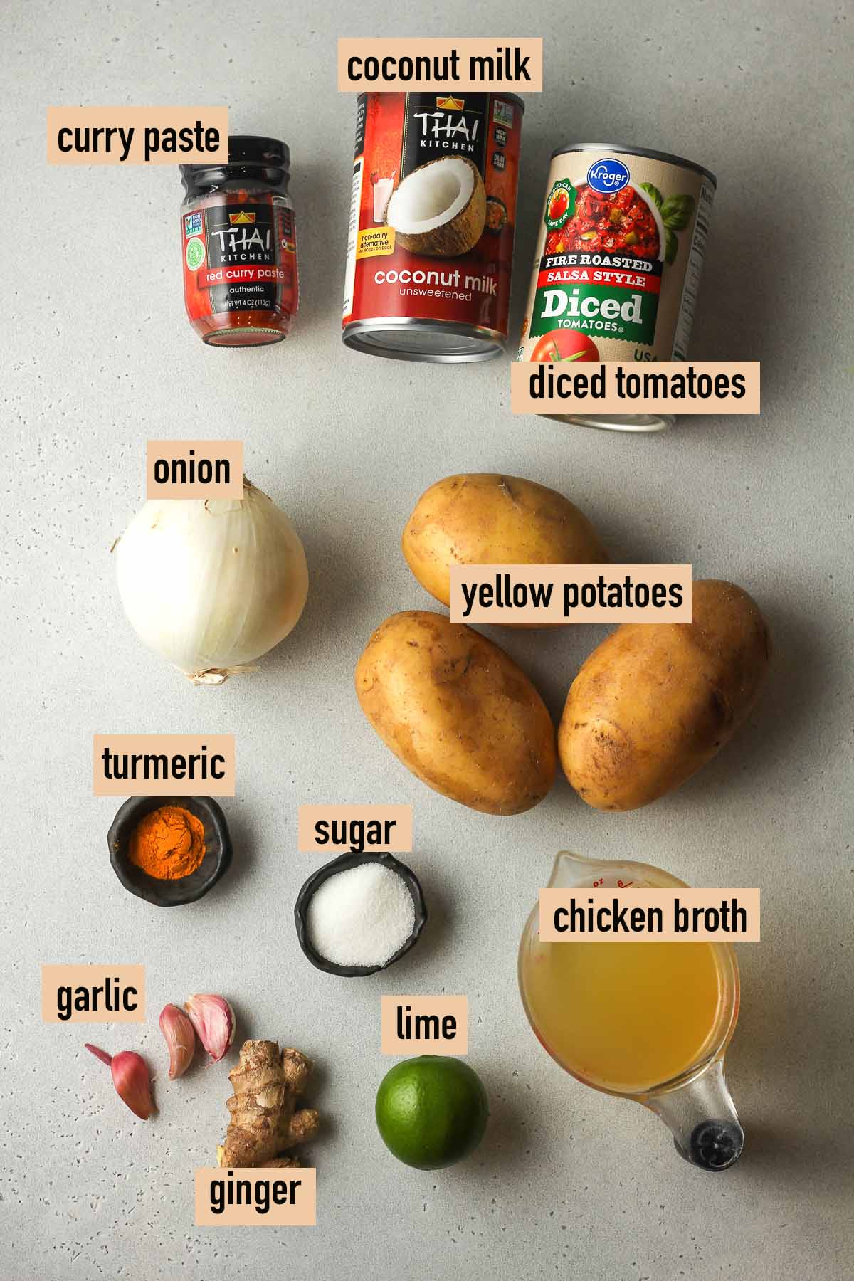 Labeled ingredients for the coconut curry vegetable soup.