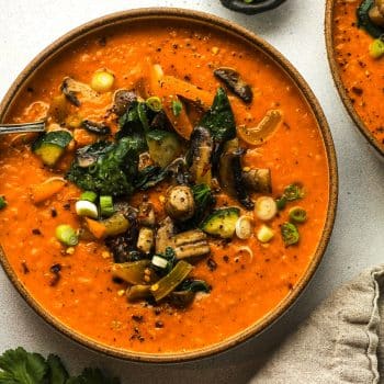 Closeup view of a bowl of coconut curry soup with vegetables.