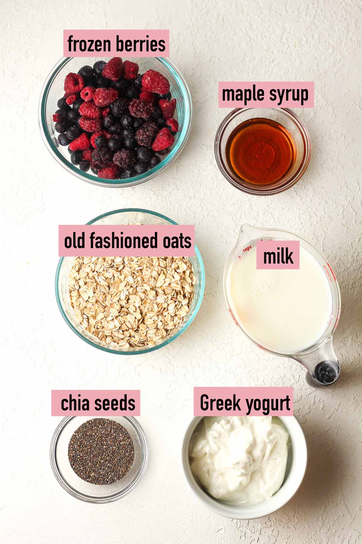 Labeled ingredients for the frozen berry overnight oats.