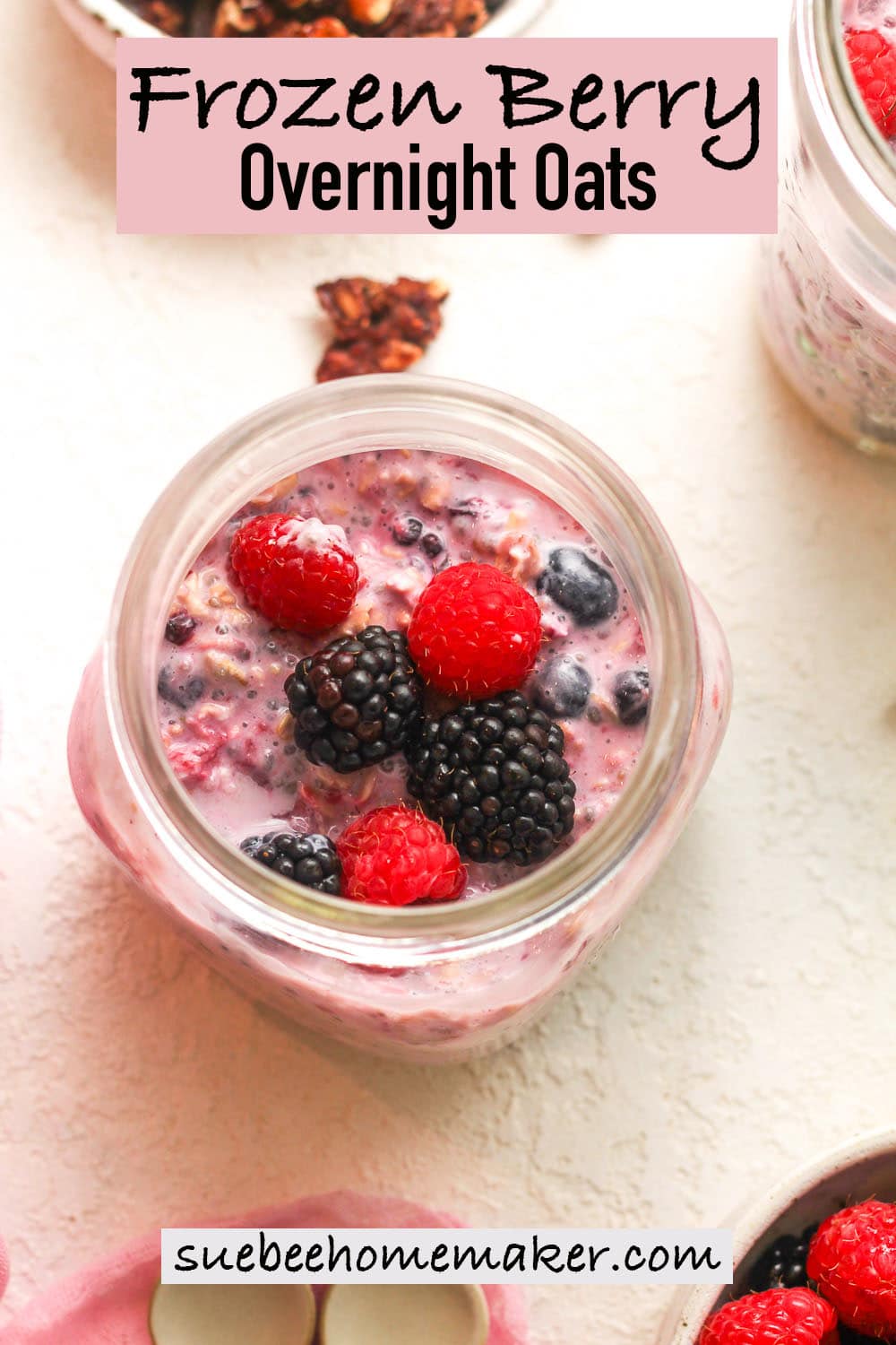 Overhead shot of jars of frozen berry overnight oats.